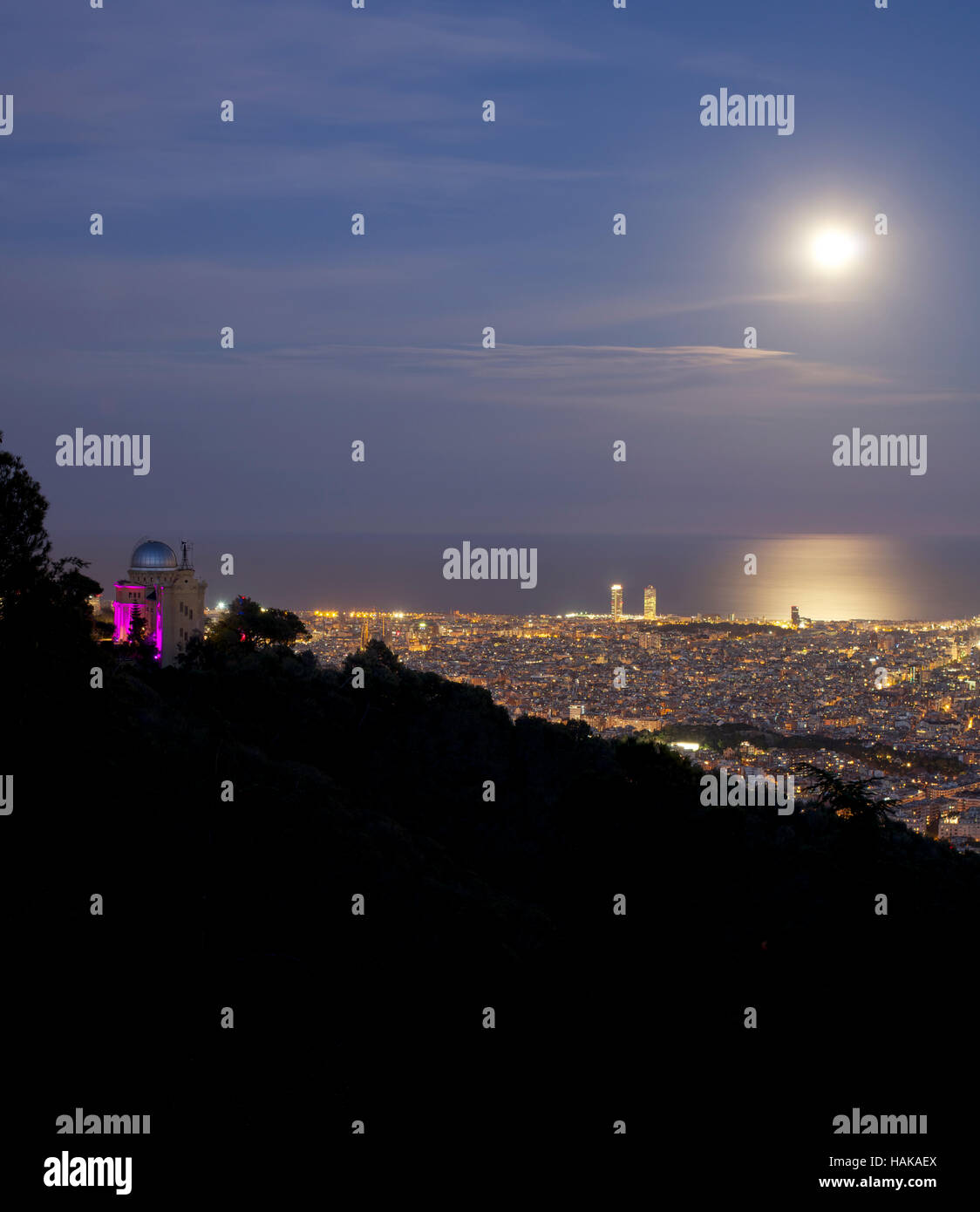 Barcelona overview by moonlight, with Fabra Observatory Stock Photo