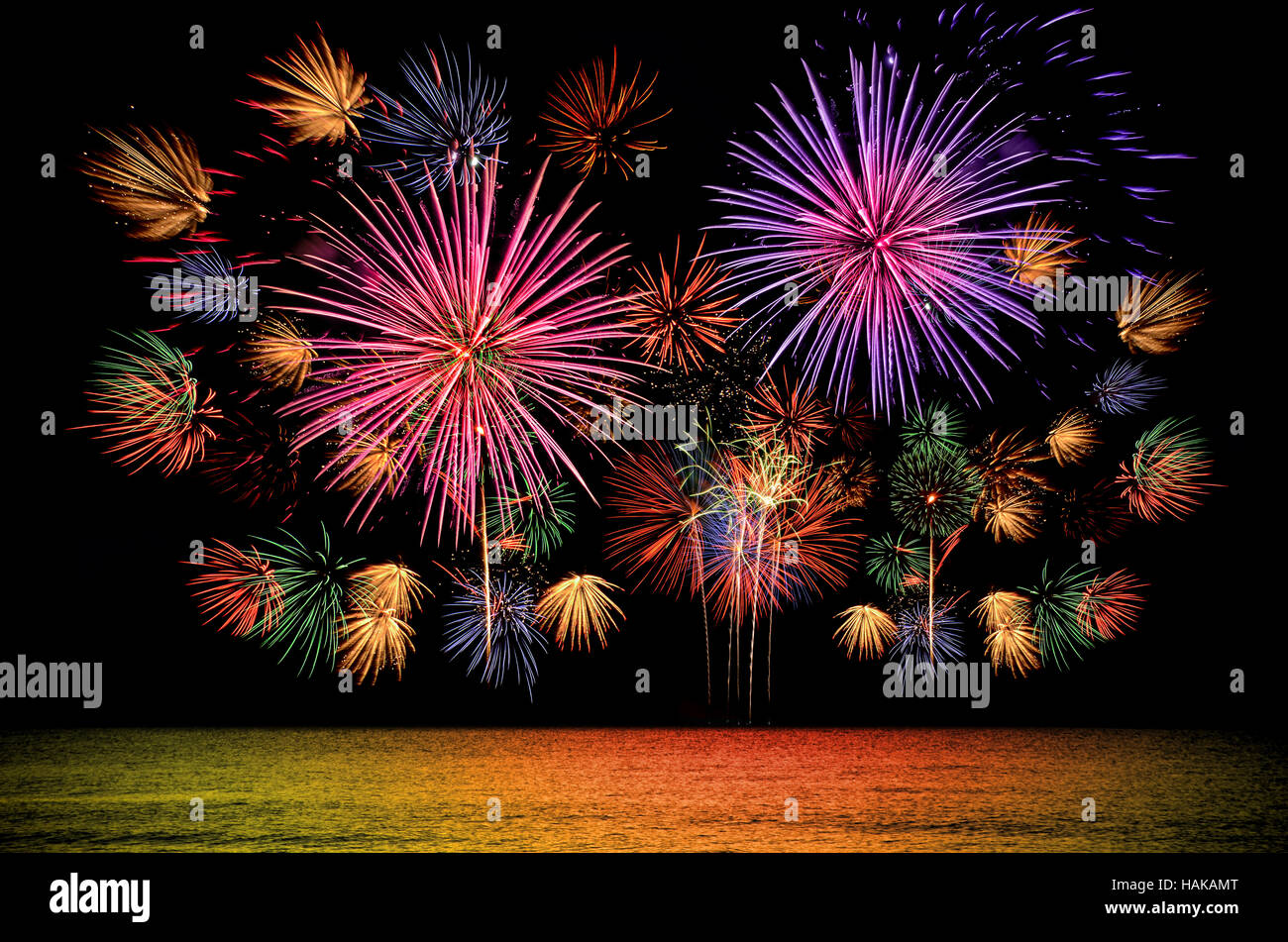Colorful firework celebration on dark night sky background. Beautiful