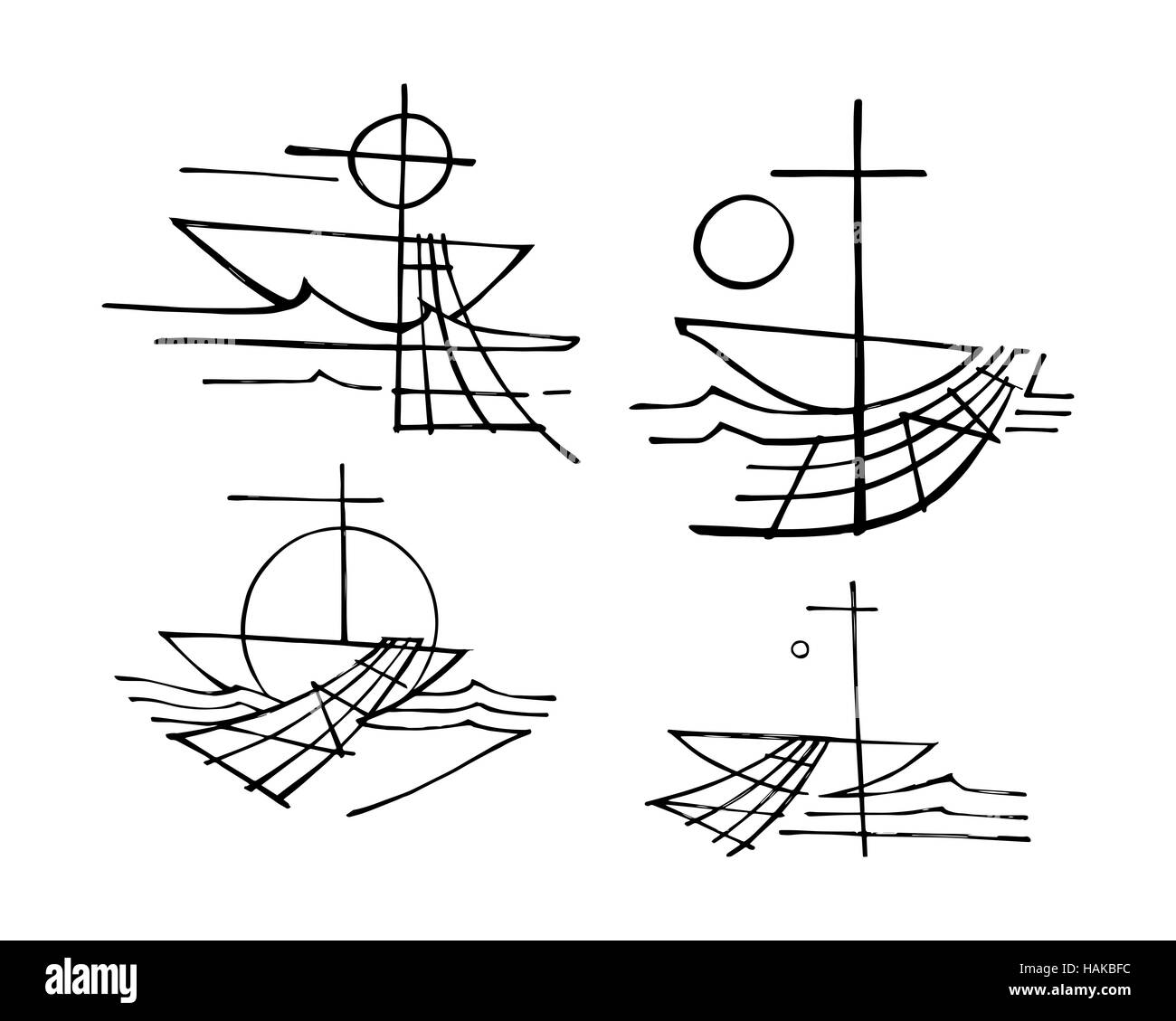 Hand drawn vector illustration or drawing of the religious symbol of a row boat, nets and a Cross Stock Photo