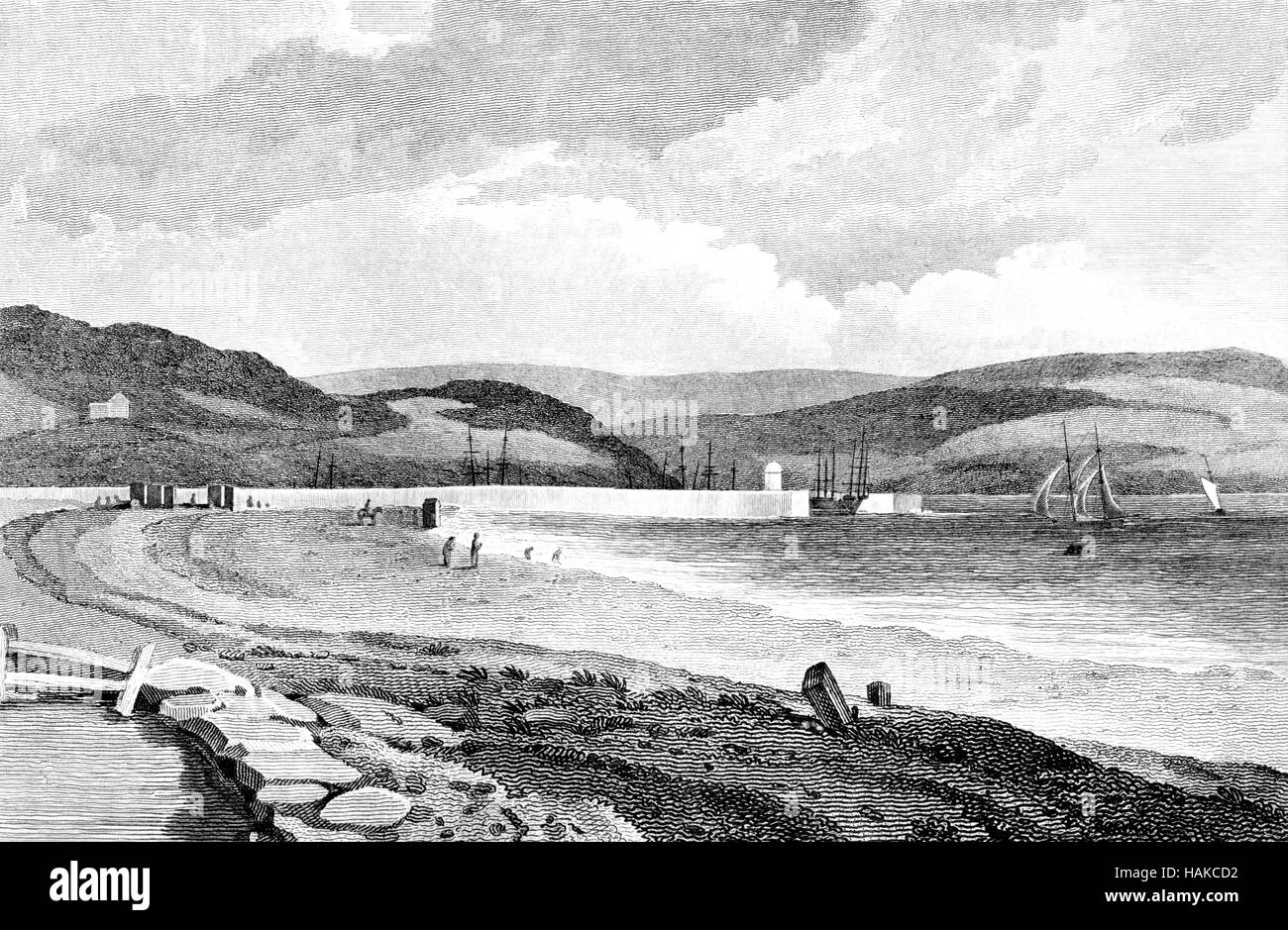 An engraving of Swansea Bay and Pier scanned at high resolution from a book printed in 1812. Believed copyright free. Stock Photo