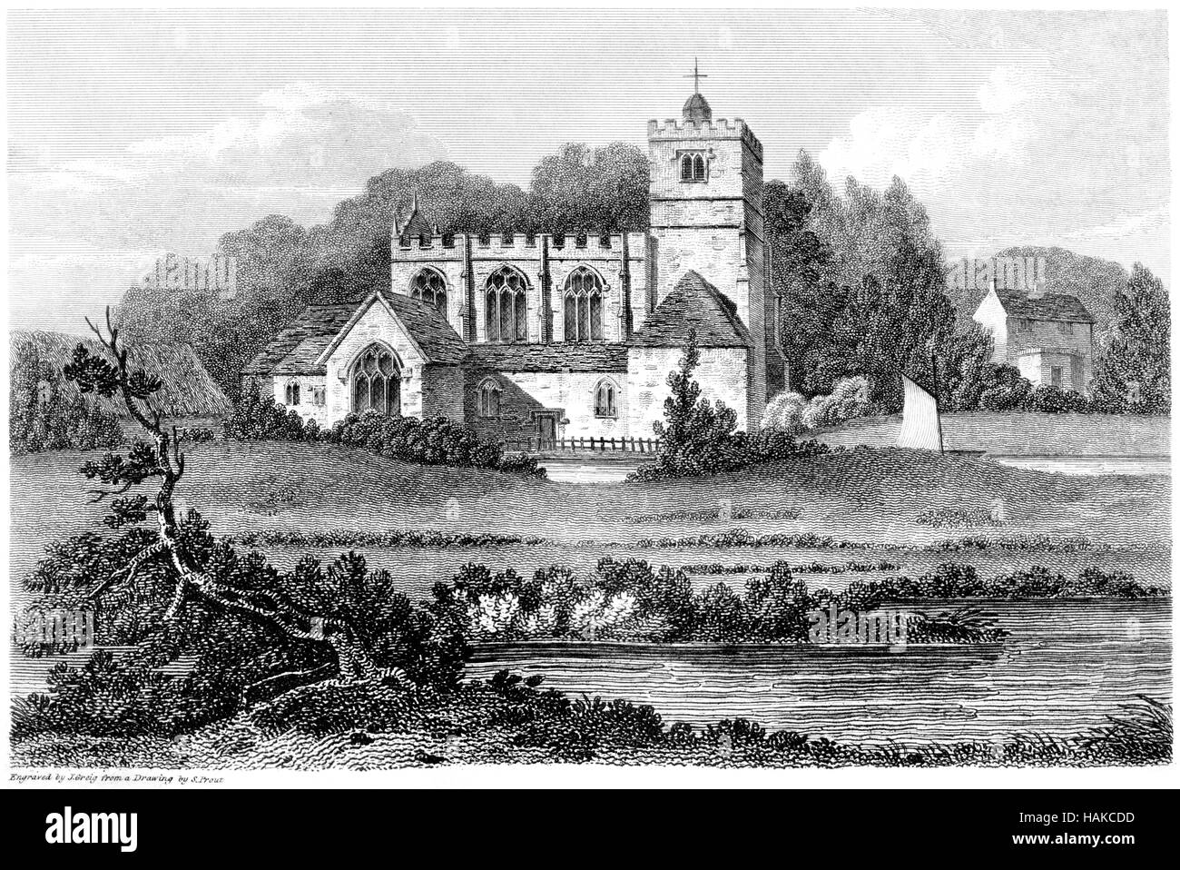 An engraving of Hungerford Church scanned at high resolution from a