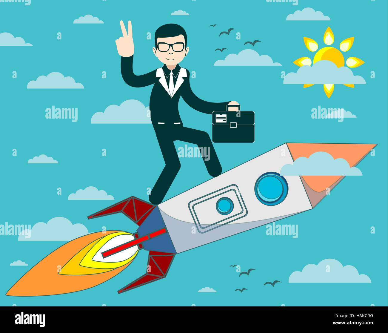 businessman flying on a rocket on blue sky background, business concept ...