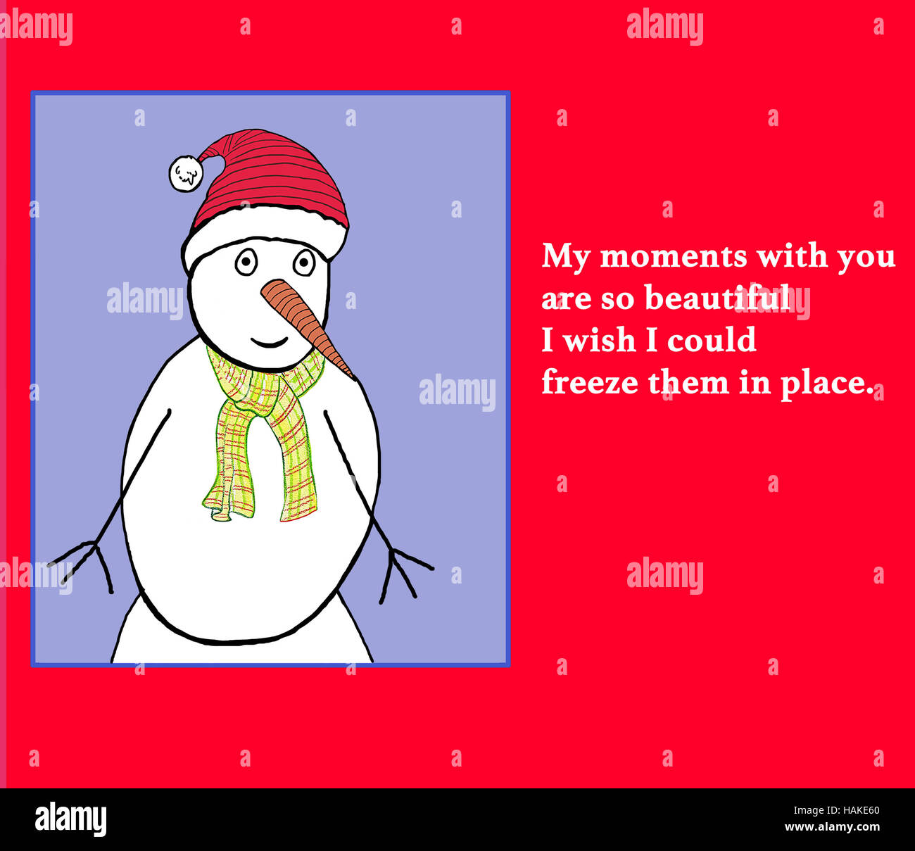 Color illustration of a snowman and a beautiful, romantic phrase. Stock Photo