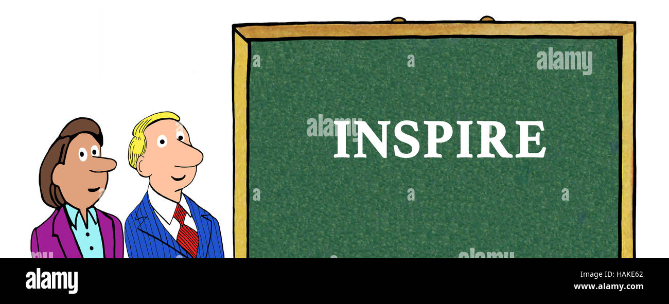 Color business illustration of the word 'inspire' and two businesspeople. Stock Photo