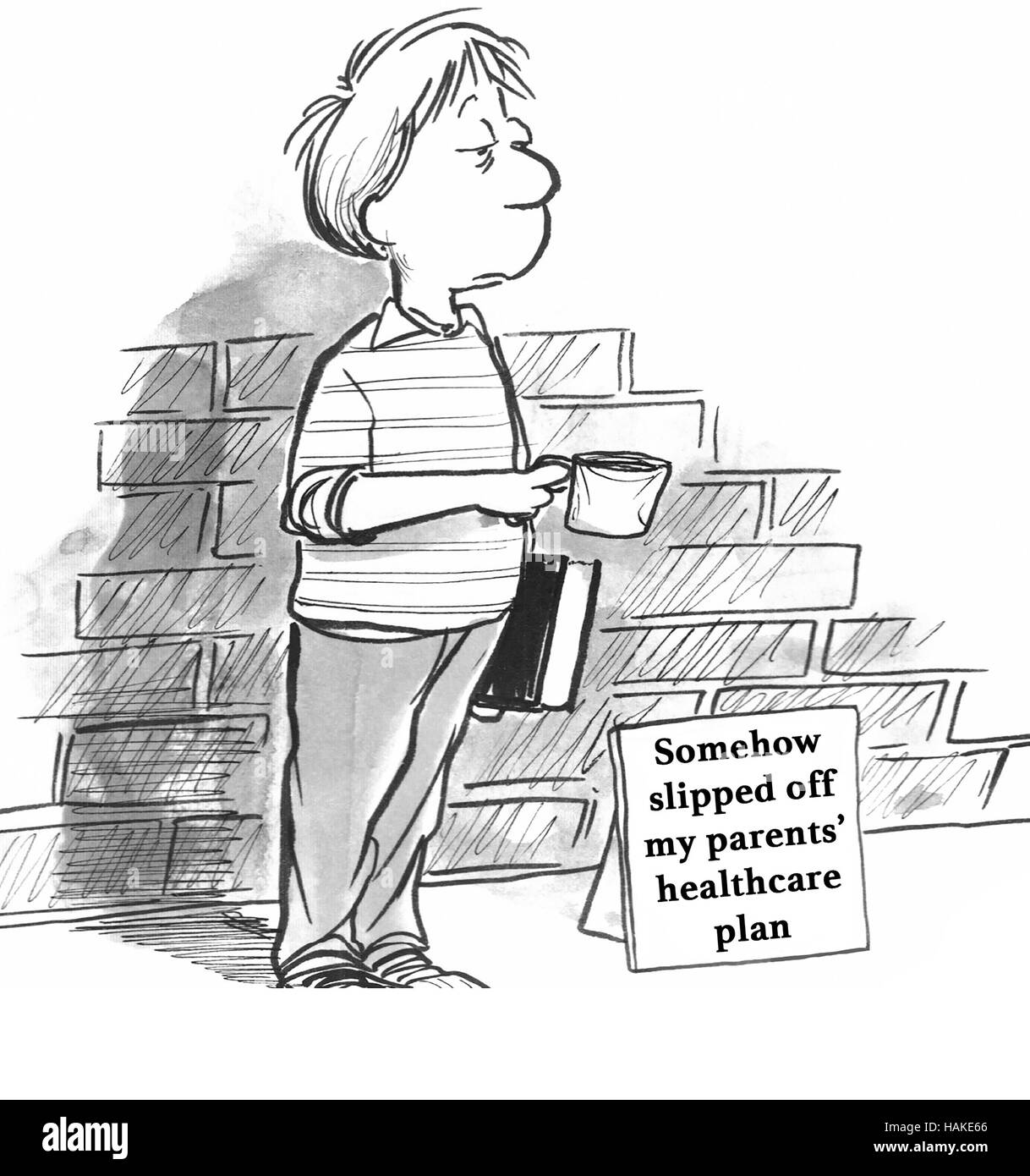 Black and white healthcare illustration about a boy begging for money to pay for his health insurance. Stock Photo