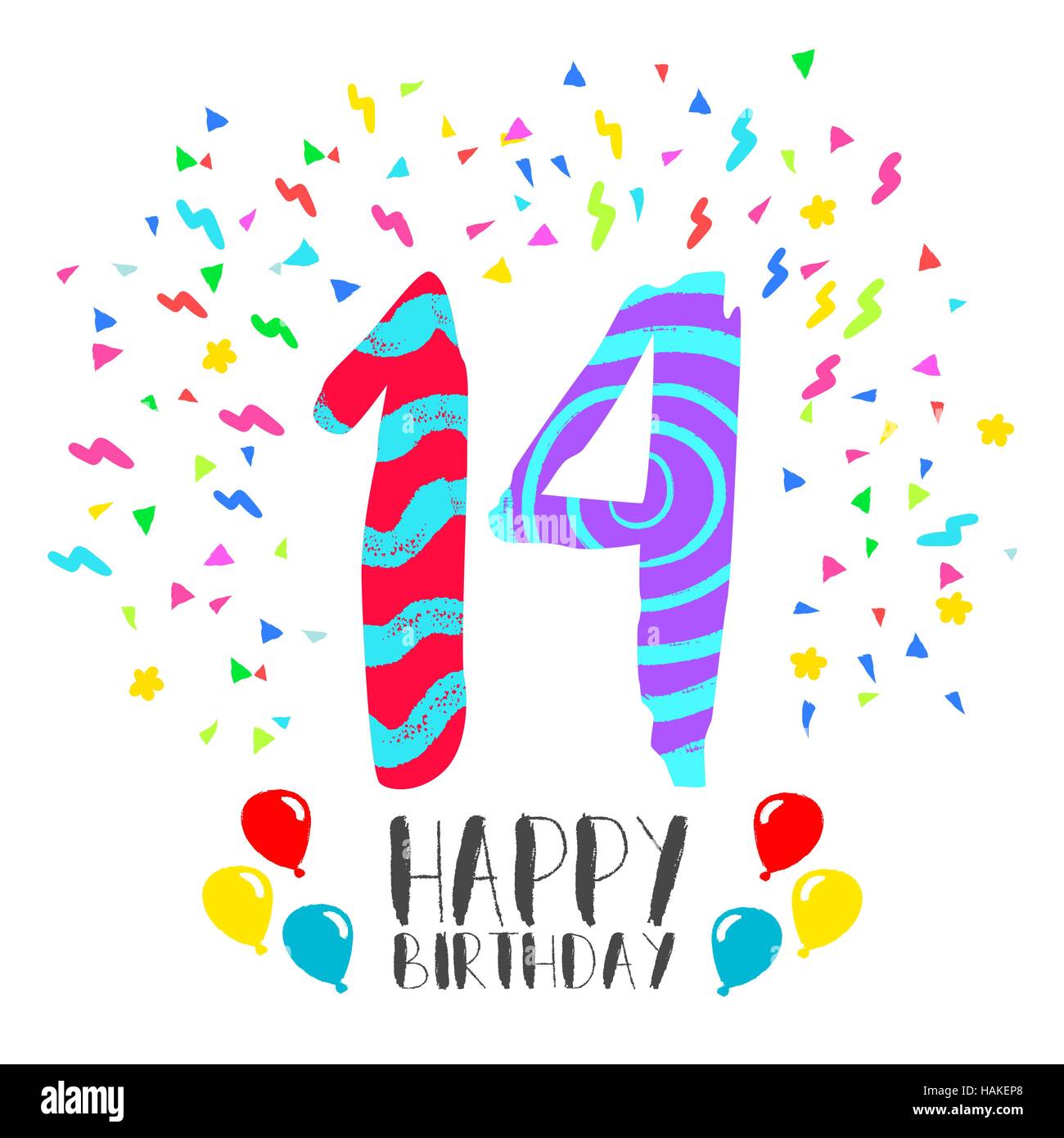 Happy birthday number 14, greeting card for fourteen year in fun art style with party confetti. Anniversary invitation, congratulations or celebration Stock Vector