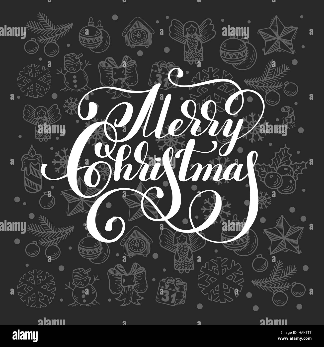 Merry Christmas calligraphic hand lettering on grey gift holiday Stock Vector