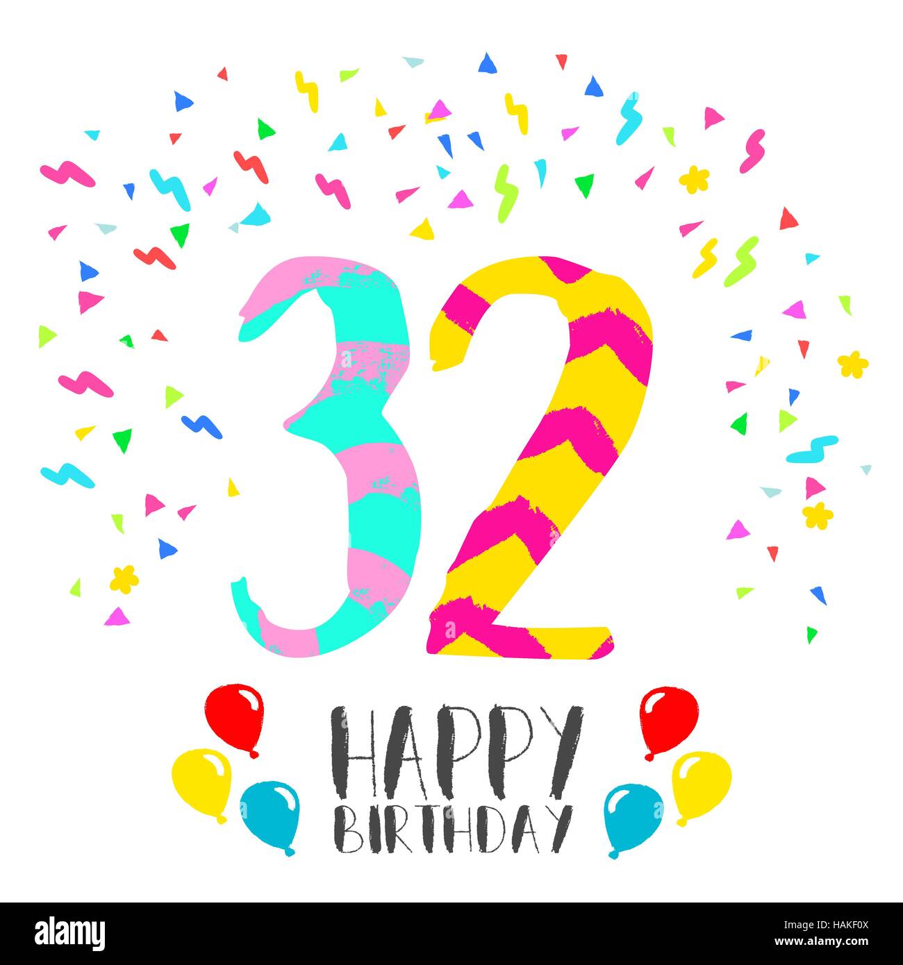Happy birthday number 32, greeting card for thirty two year in fun art style with party confetti. Anniversary invitation, congratulations Stock Vector