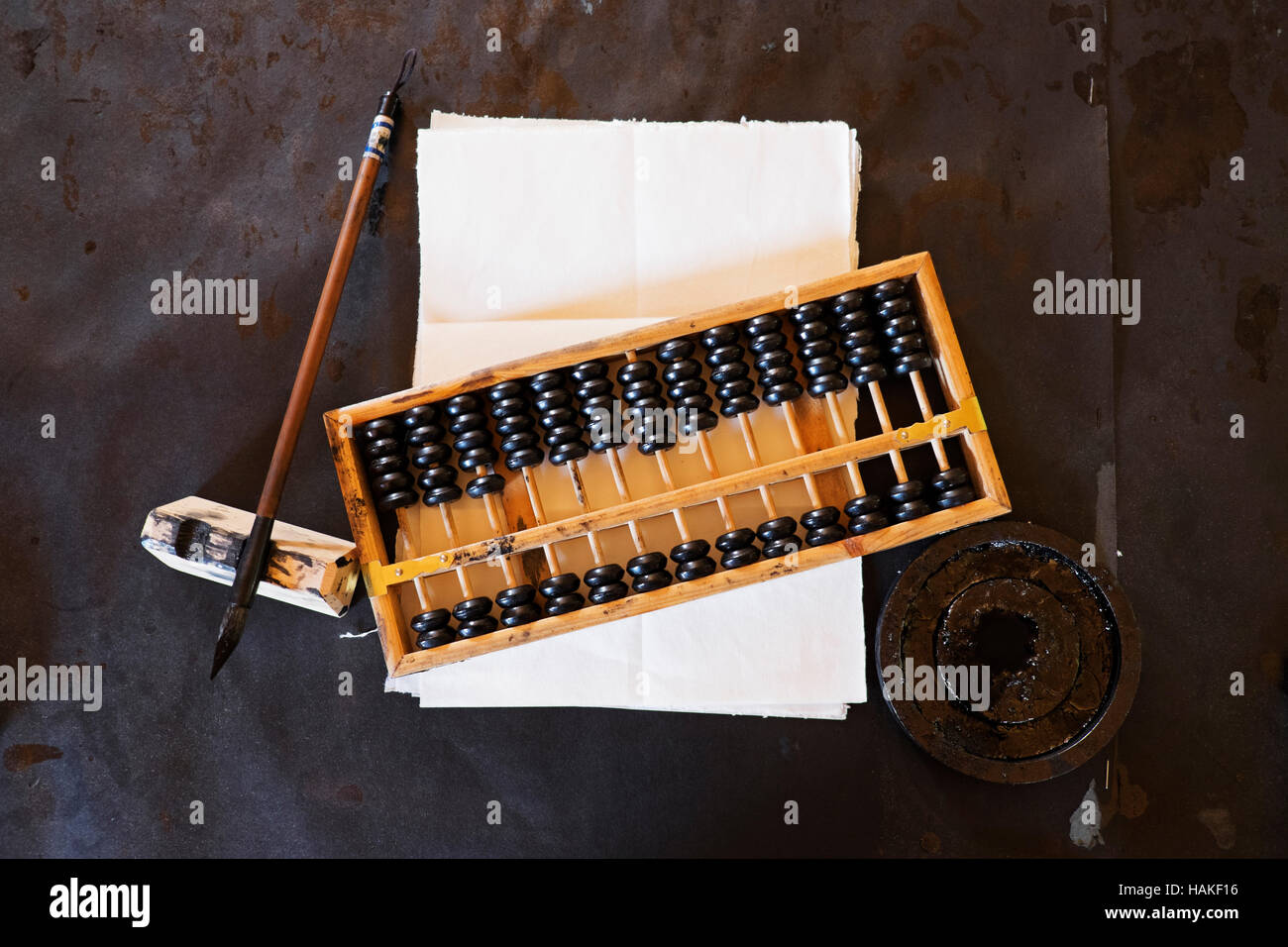Abacus, fountain pen and parchment paper at Chinese School in Barkerville Historic Town in British Columbia, Canada Stock Photo