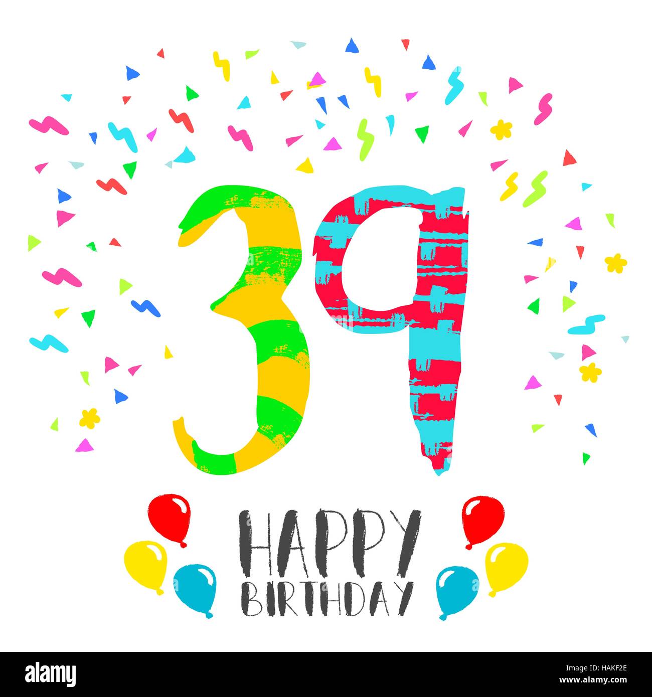 Happy birthday number 39, greeting card for thirty nine year in fun art style with party confetti. Anniversary invitation, congratulations Stock Vector