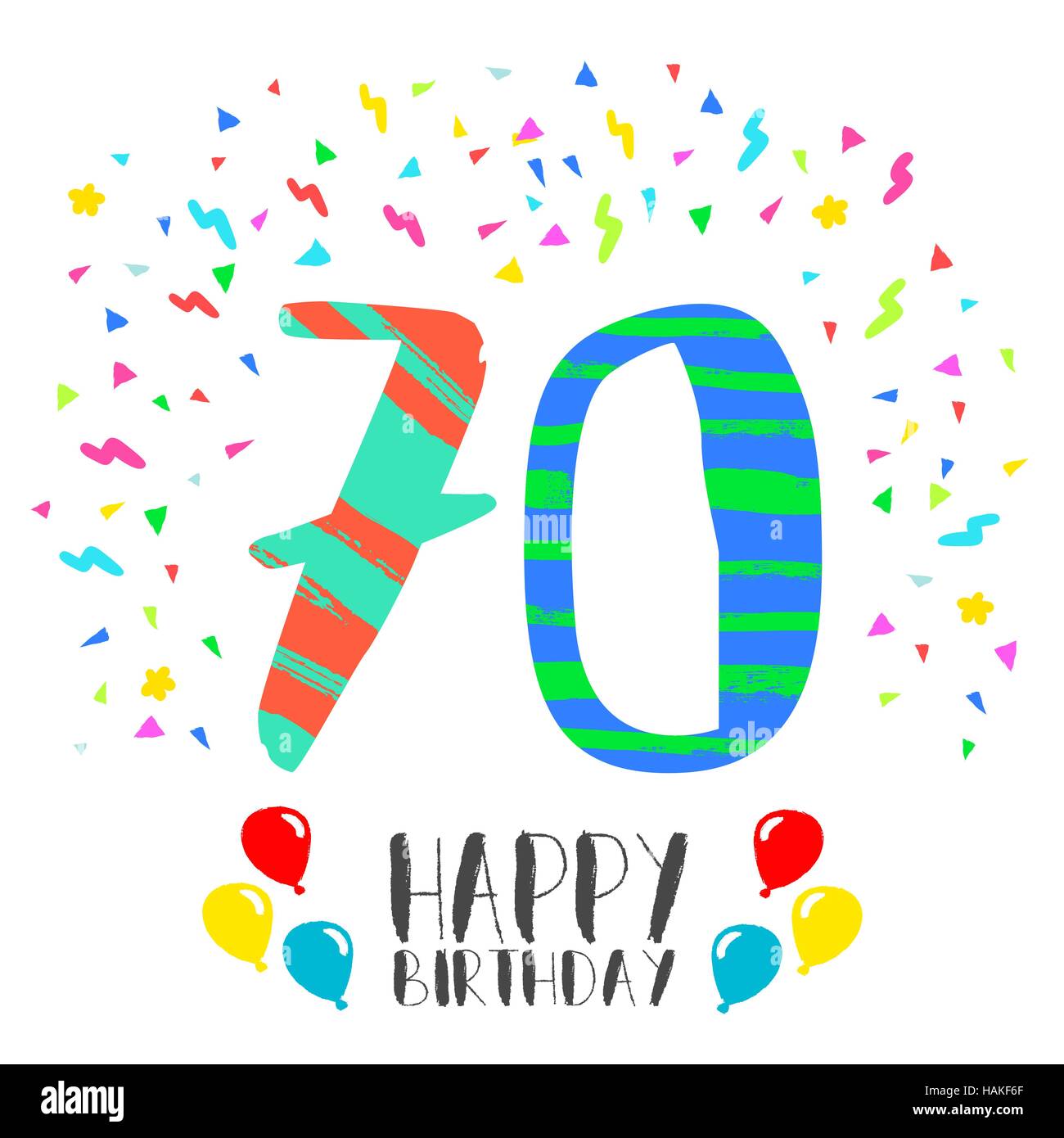 Happy birthday number 70, greeting card for seventy year in fun art