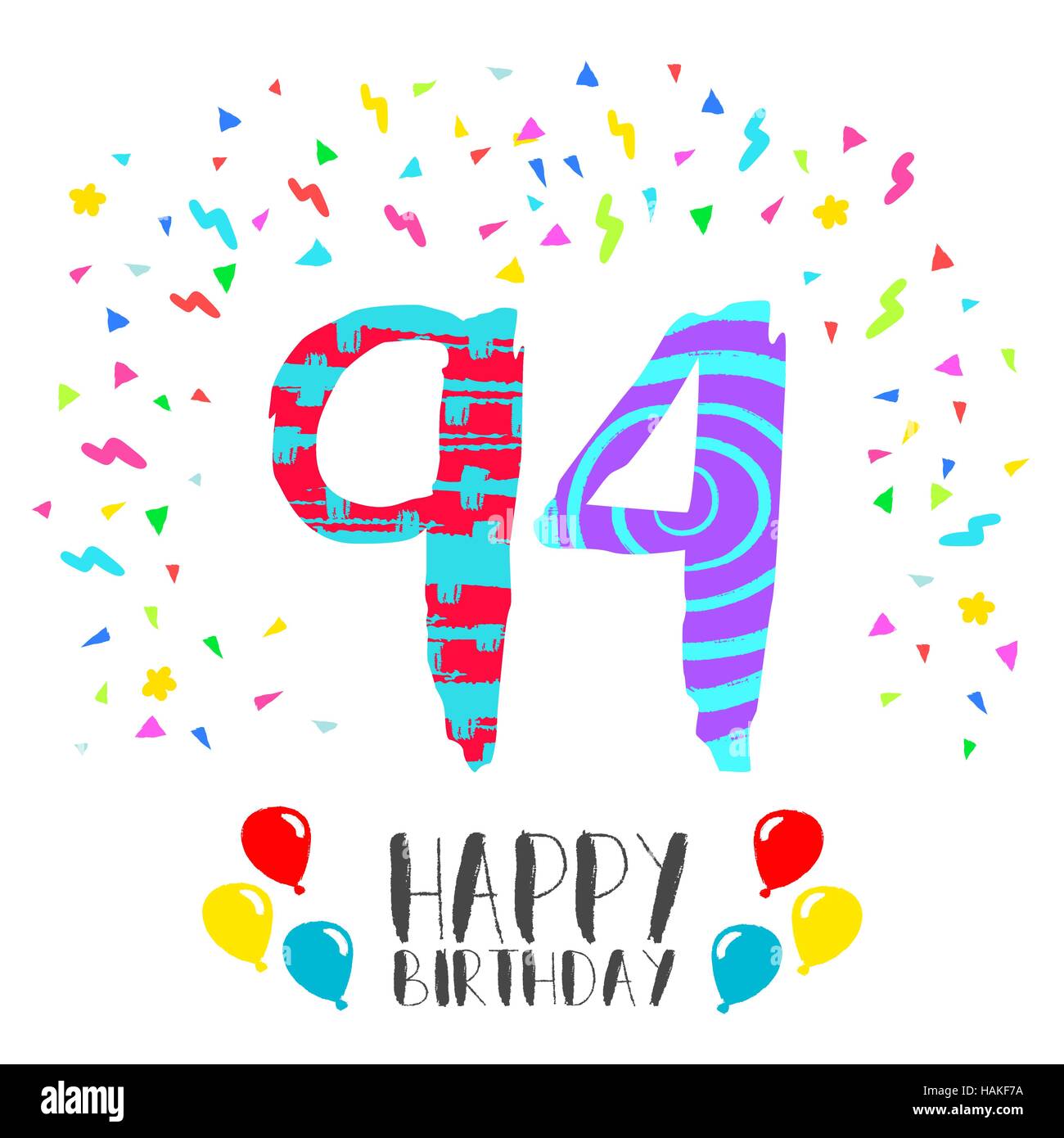 Happy birthday number 94, greeting card for ninety four year in fun art style with party confetti. Anniversary invitation, congratulations Stock Vector