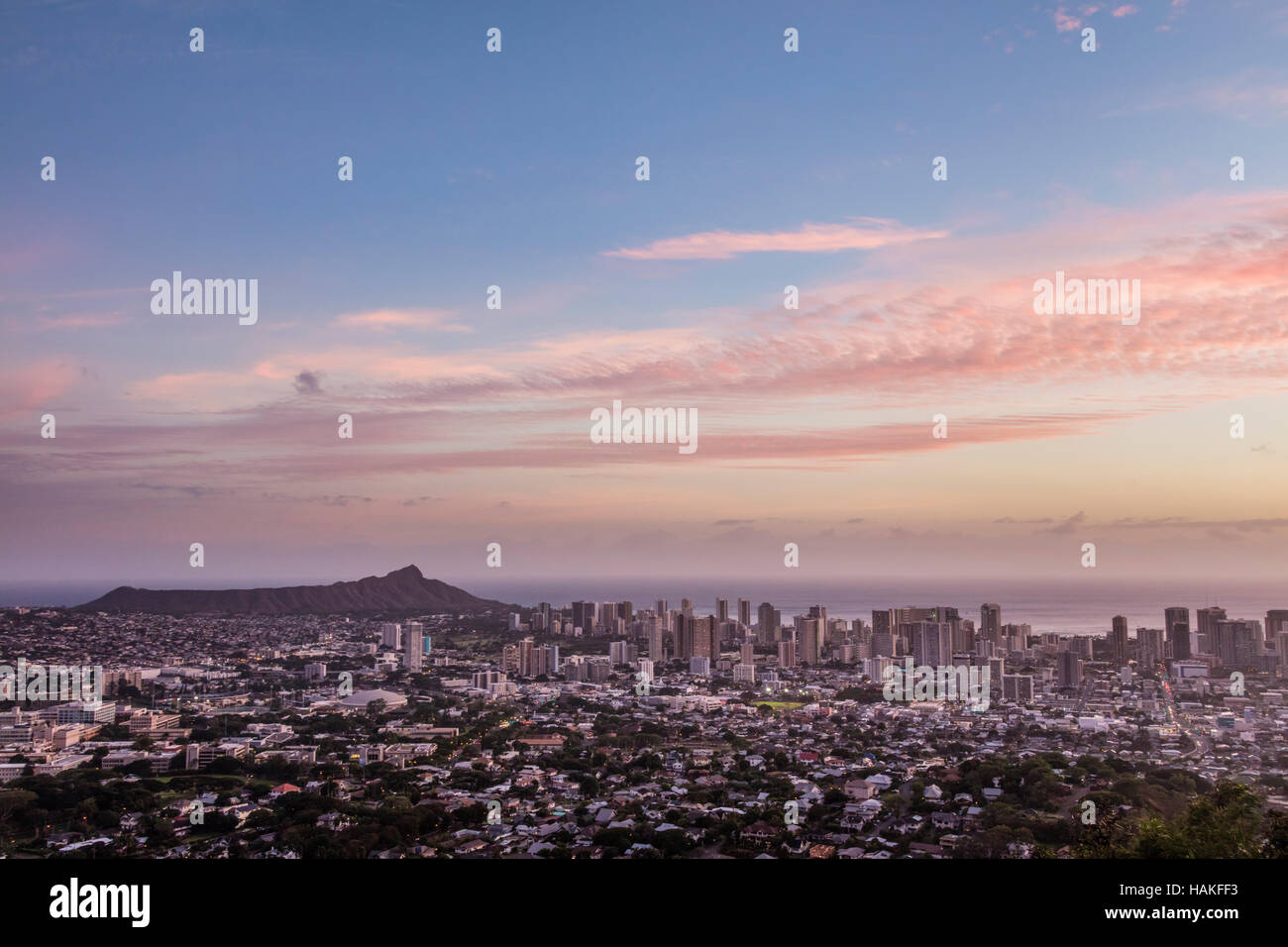 A high view of the Honolulu skyline from Tantalus drive scenic outlook
