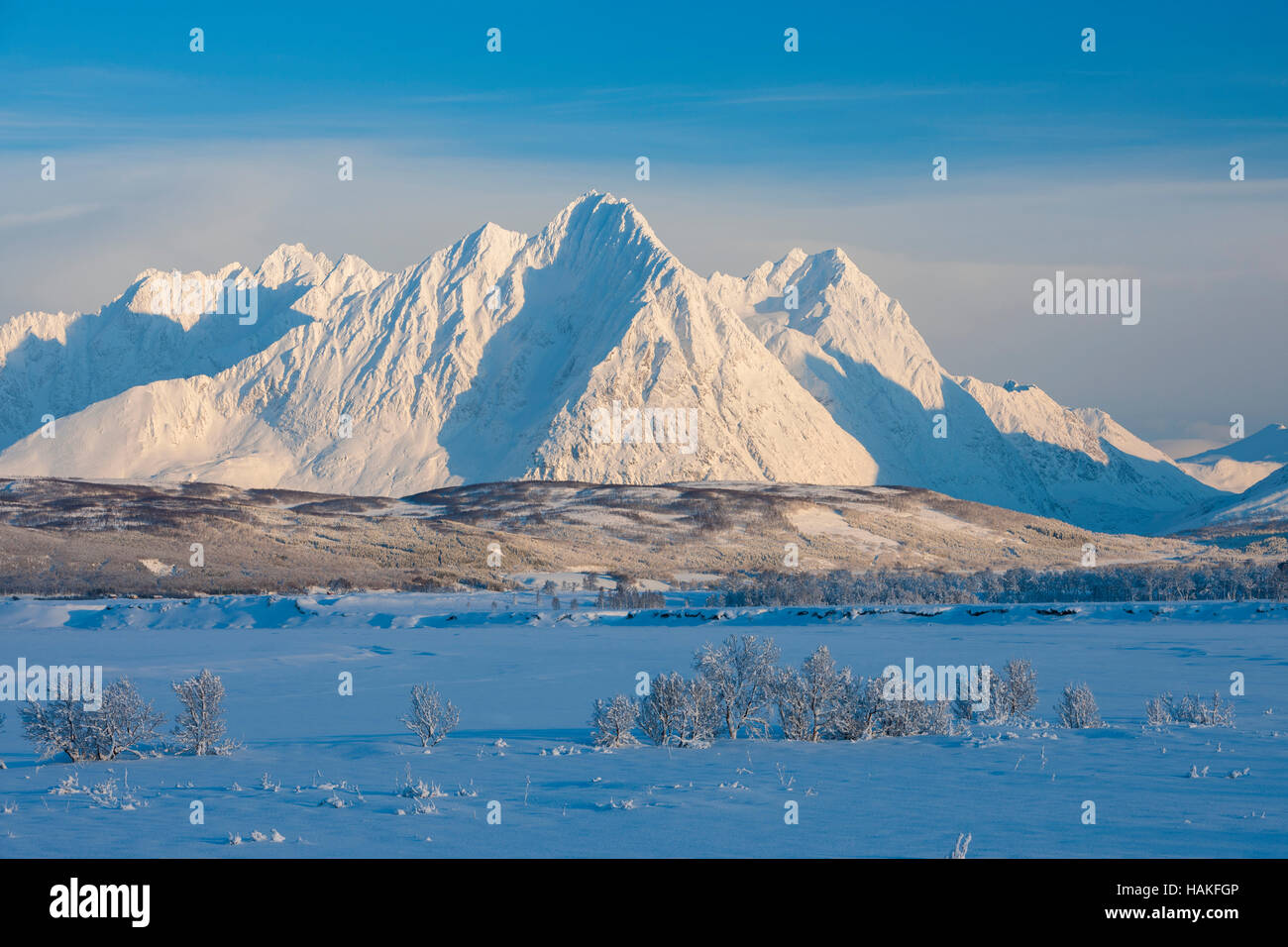Snowy Winter Landscape with Lyngen Alps, Breivikeidet, Troms, Norway Stock Photo