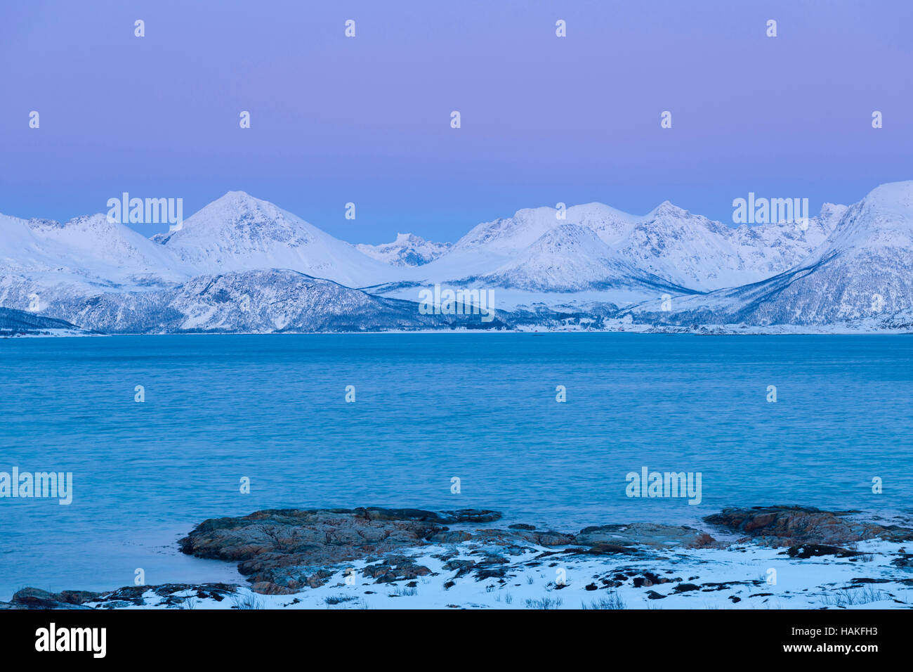 Fjord Landscape in Winter, Sandneshamnveien, Sandvika, Troms, Norway Stock Photo