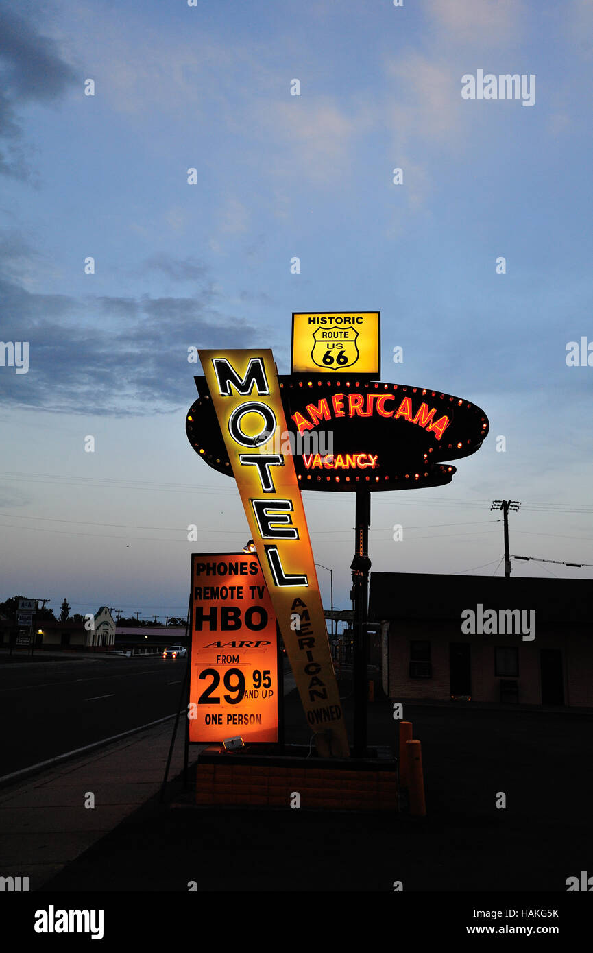 The Americana Motel along Route 66 in Tucumcari, New Mexico at night. Stock Photo