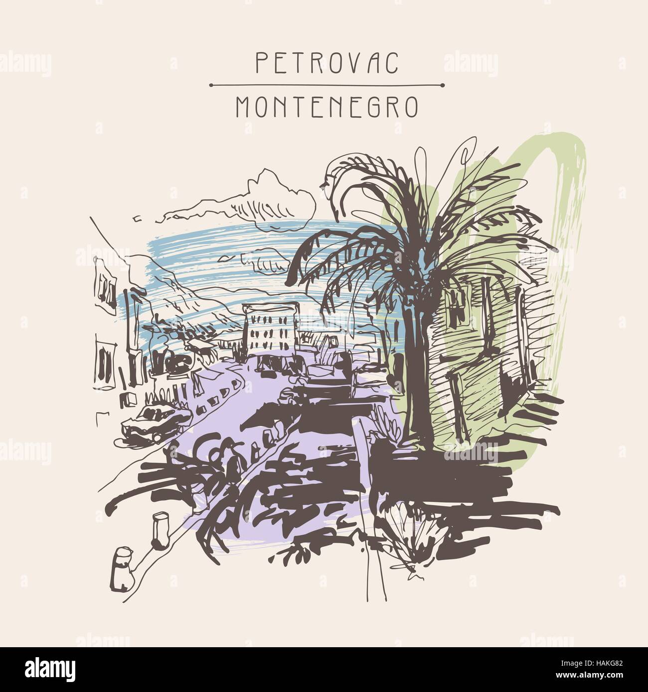 sepia sketch drawing of Petrovac Montenegro street with palm Stock Vector