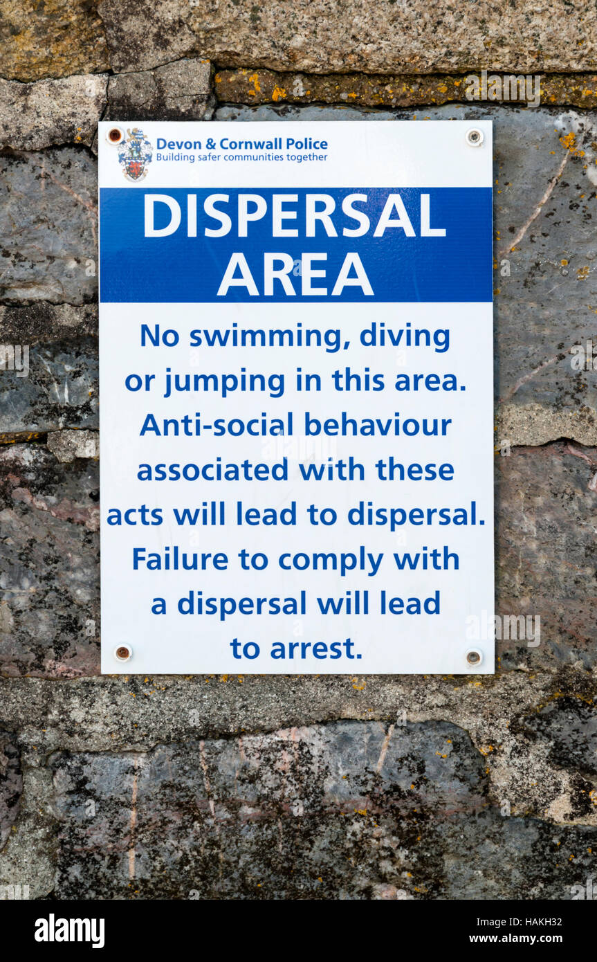 Devon & Cornwall Police Dispersal Area sign. Stock Photo