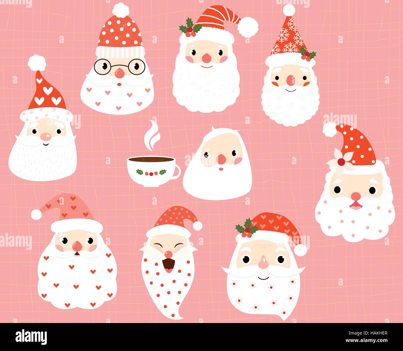 Cute hipster and funny Santa Claus heads and faces with hats and white beard with hearts and dots Stock Vector