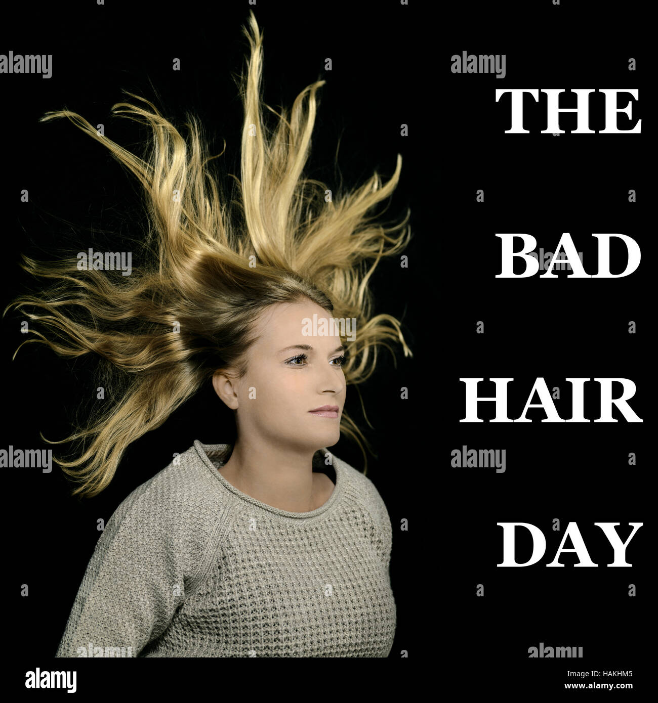 Woman with wild hair style having a bad hair day Stock Photo