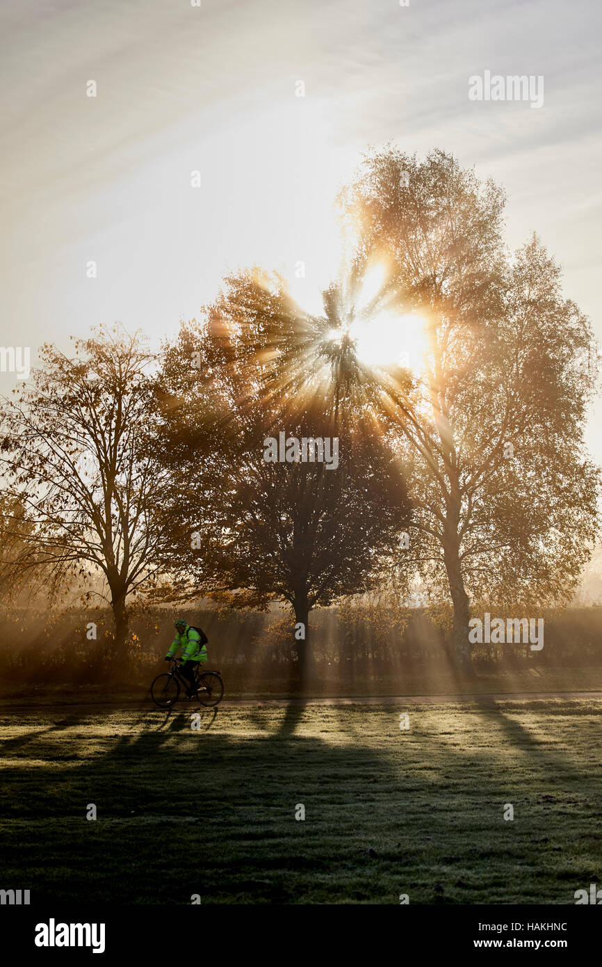 York Racecourse fog mist cyclist track route  getting about by on going  commuter commuting  commuter Bike biker biking bicycle cycling cyclist riding Stock Photo