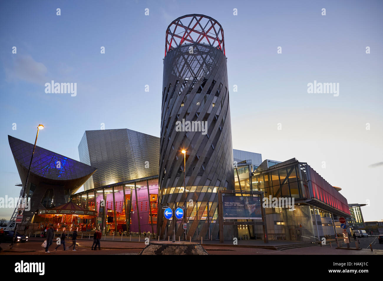 Salford Quays Lowry Theatre exterior   Museum public exhibition space art displays displaying works  artwork pieces displayed paintings space escalato Stock Photo