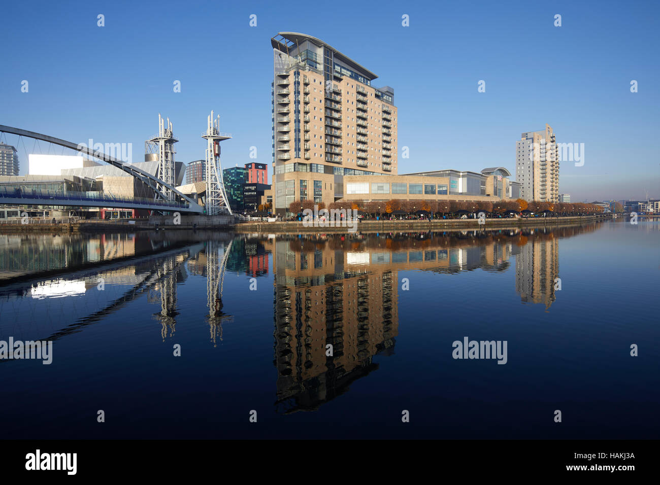 Salford Quays Manchester Lowry Outlet mall Blue sky sunny docks basin