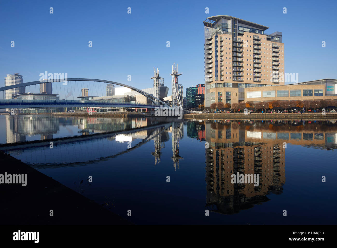 Salford Quays Manchester Lowry Outlet mall Blue sky sunny docks basin