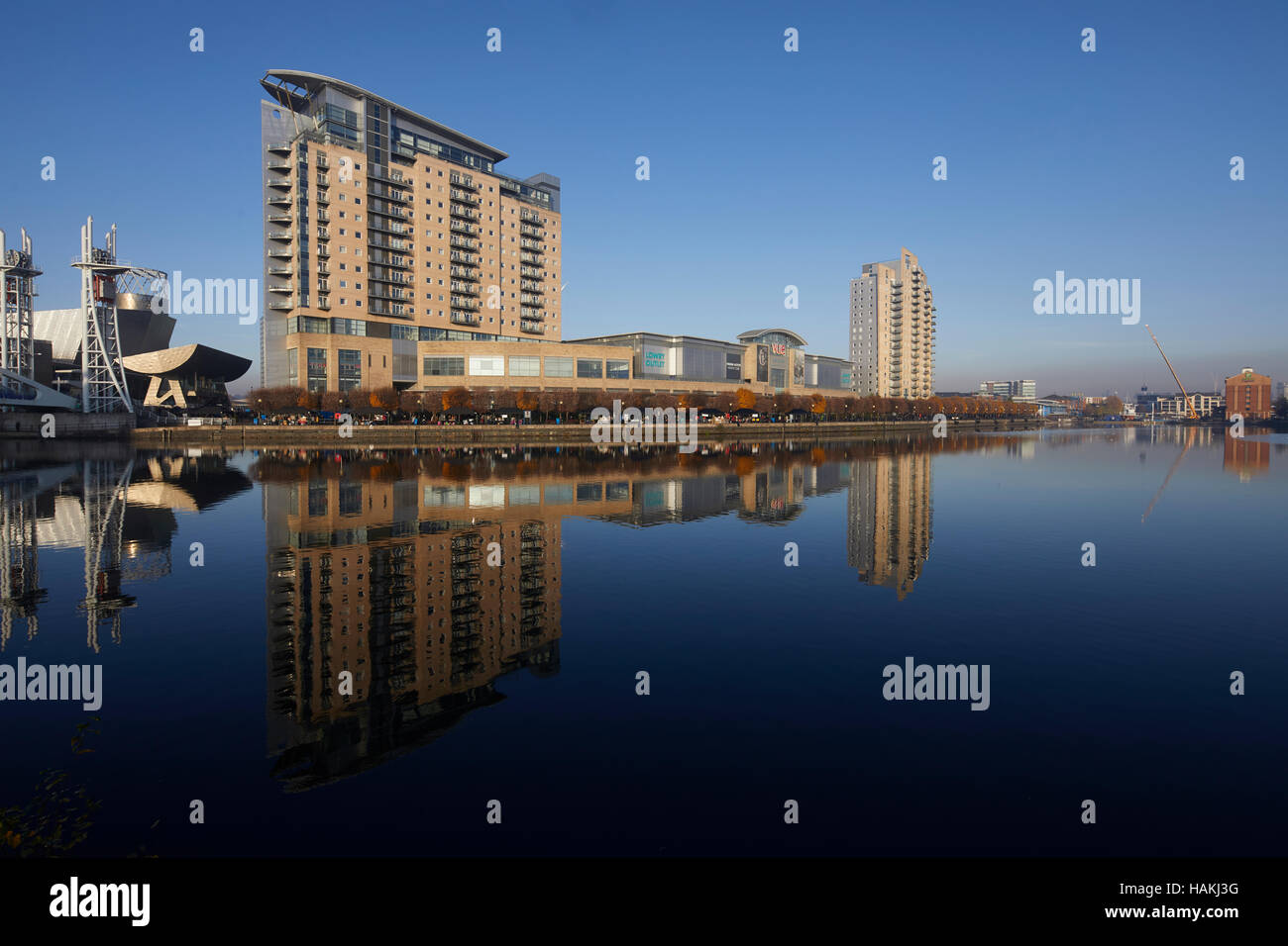 Salford Quays Manchester Lowry Outlet mall Blue sky sunny docks basin