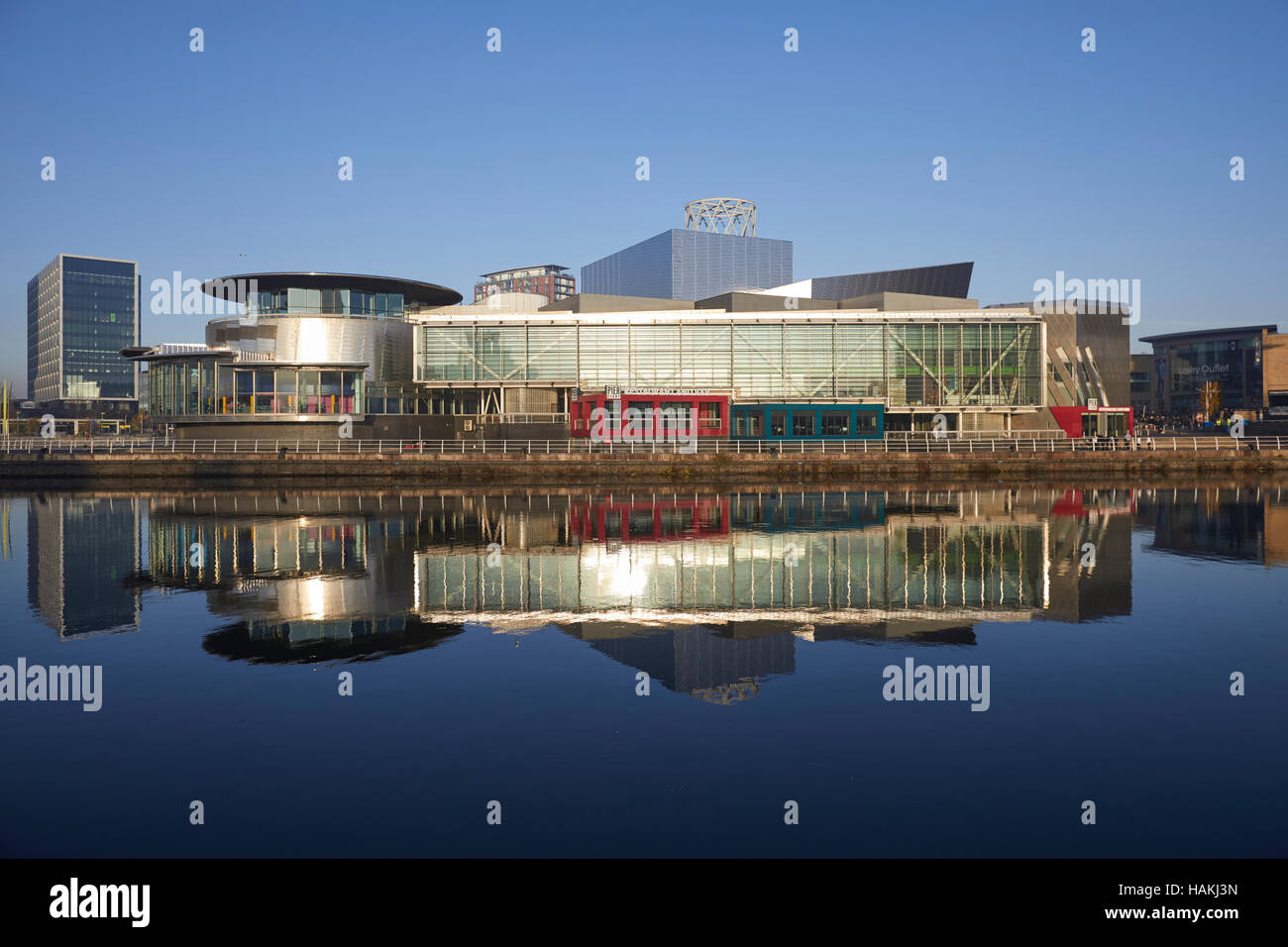 Salford Quays Manchester Lowry Museum   Detail front close up waterfront reflection copyspace theatre and gallery complex situated on Pier 8 Architect Stock Photo