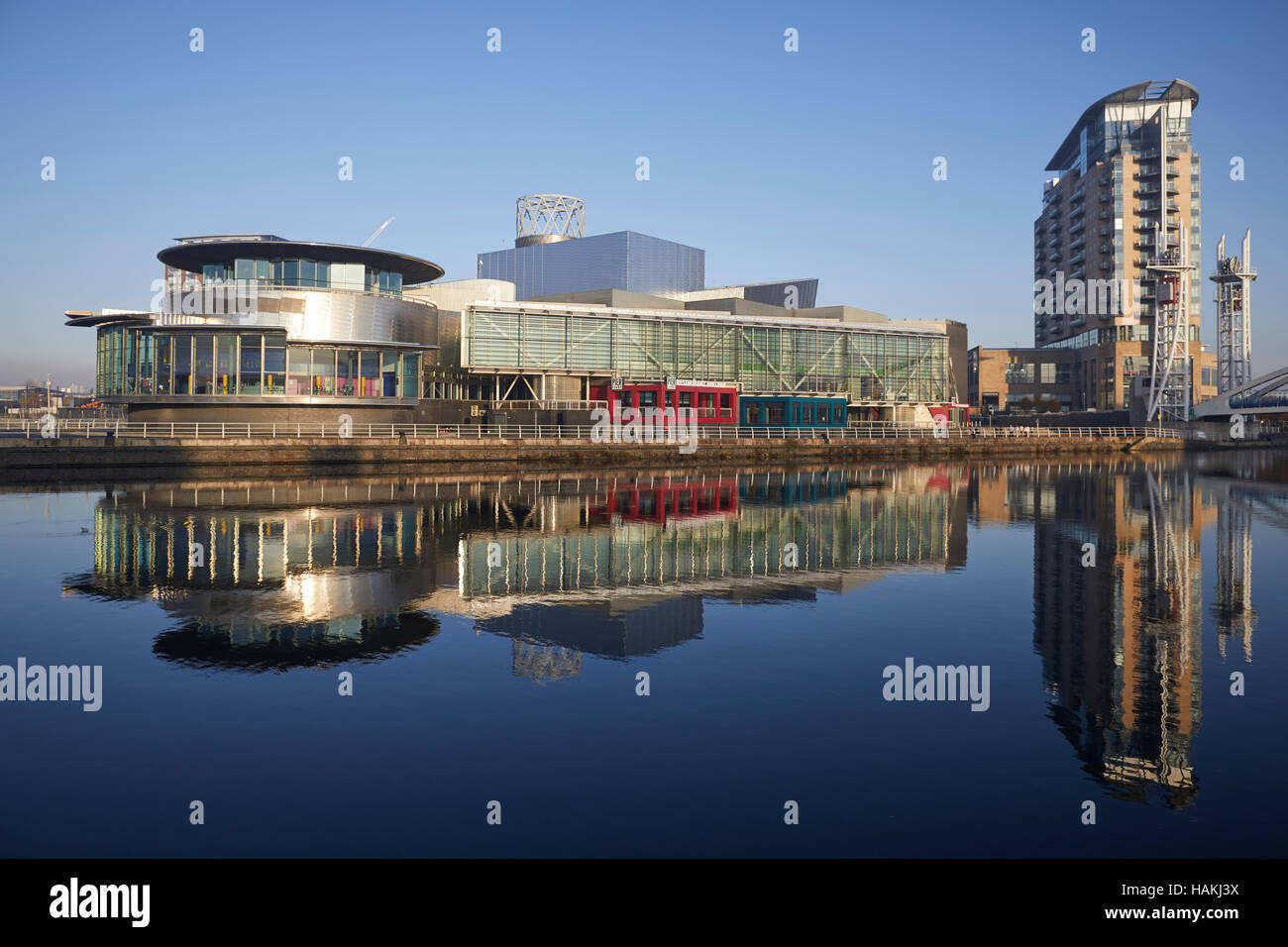 Salford Quays Manchester Lowry Museum Detail Front Close Up Waterfront Reflection Copyspace Theatre And Gallery Complex Situated On Pier 8 Architect Stock Photo Alamy