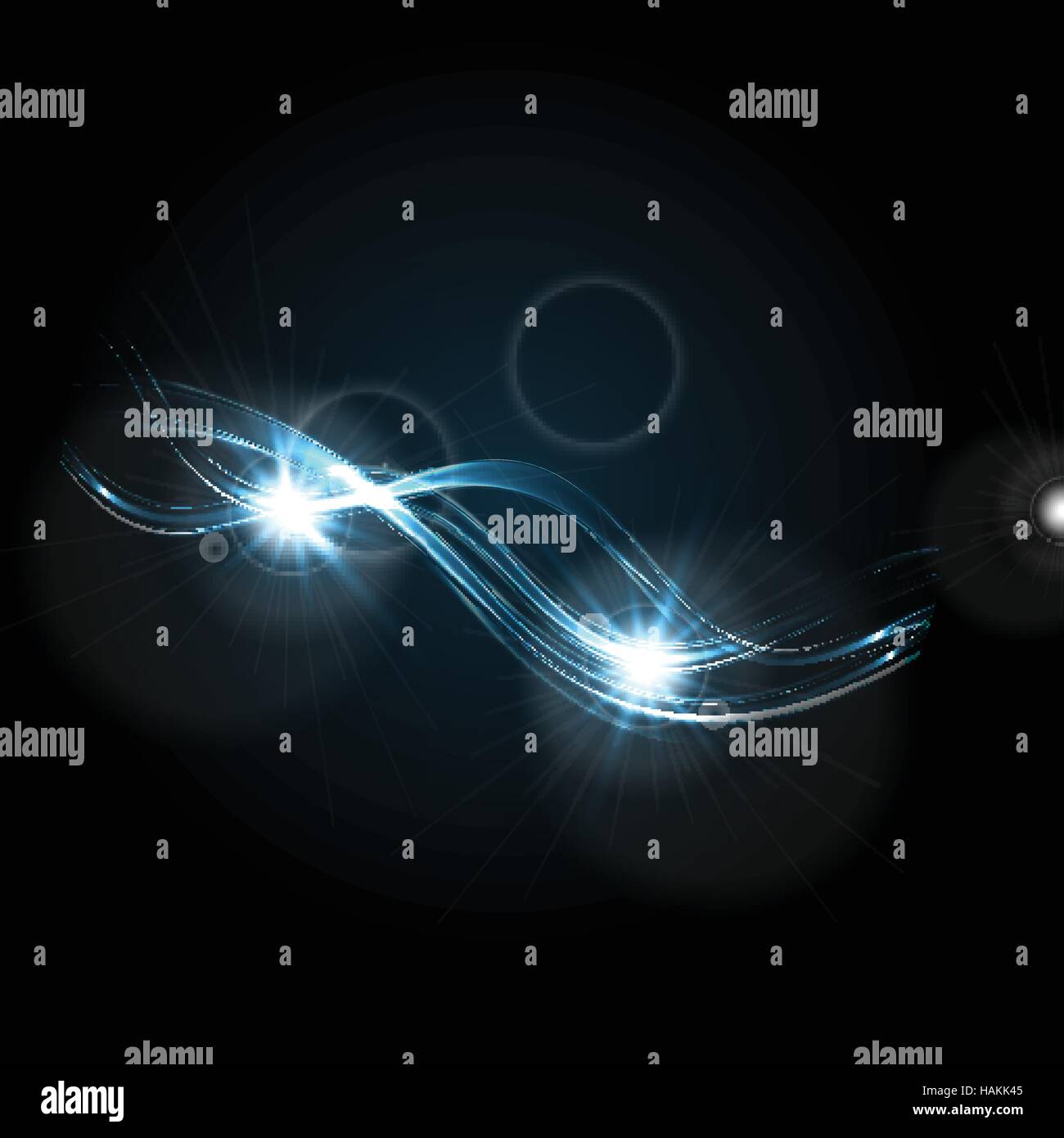 Glowing blue glossy waves on black background with lens flare. Vector ...