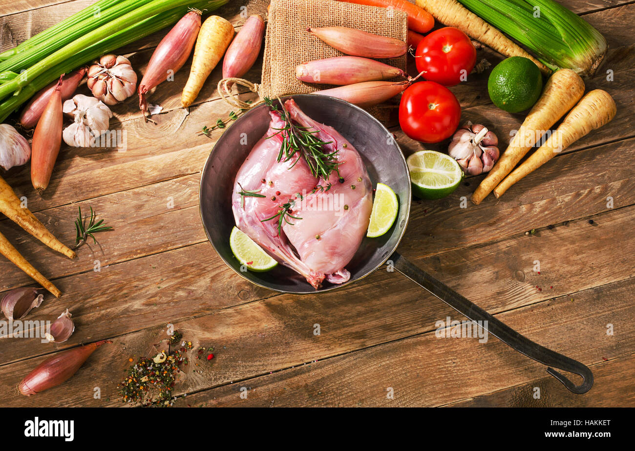 Raw rabbit legs in a vintage pan. Top view Stock Photo - Alamy
