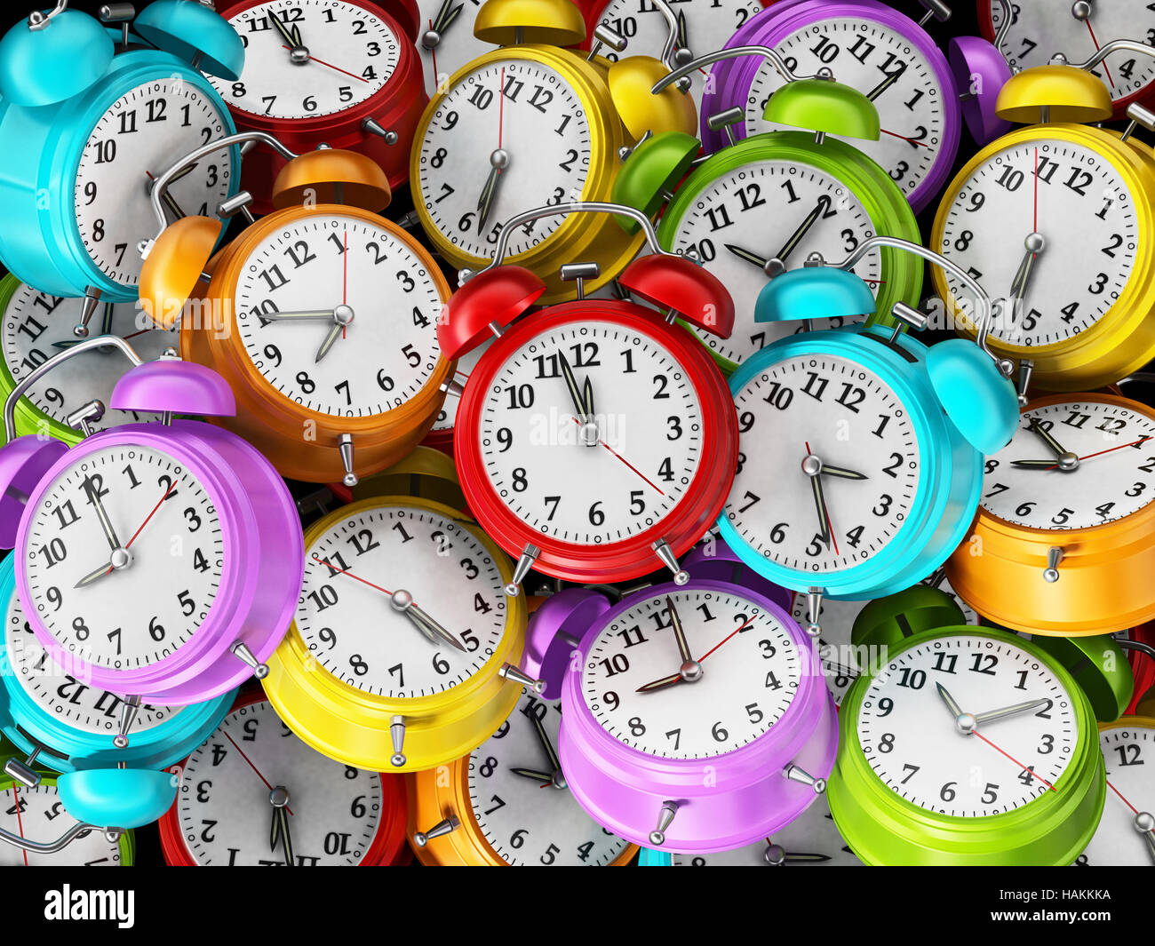 Multicolored alarm clocks stack background. 3D illustration Stock
