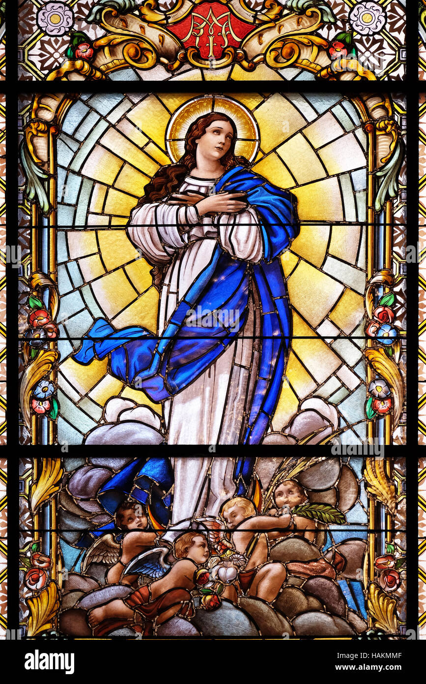 Virgin Mary, stained glass window in the Parish Church of the Visitation of the Virgin Mary in Zagreb, Croatia Stock Photo