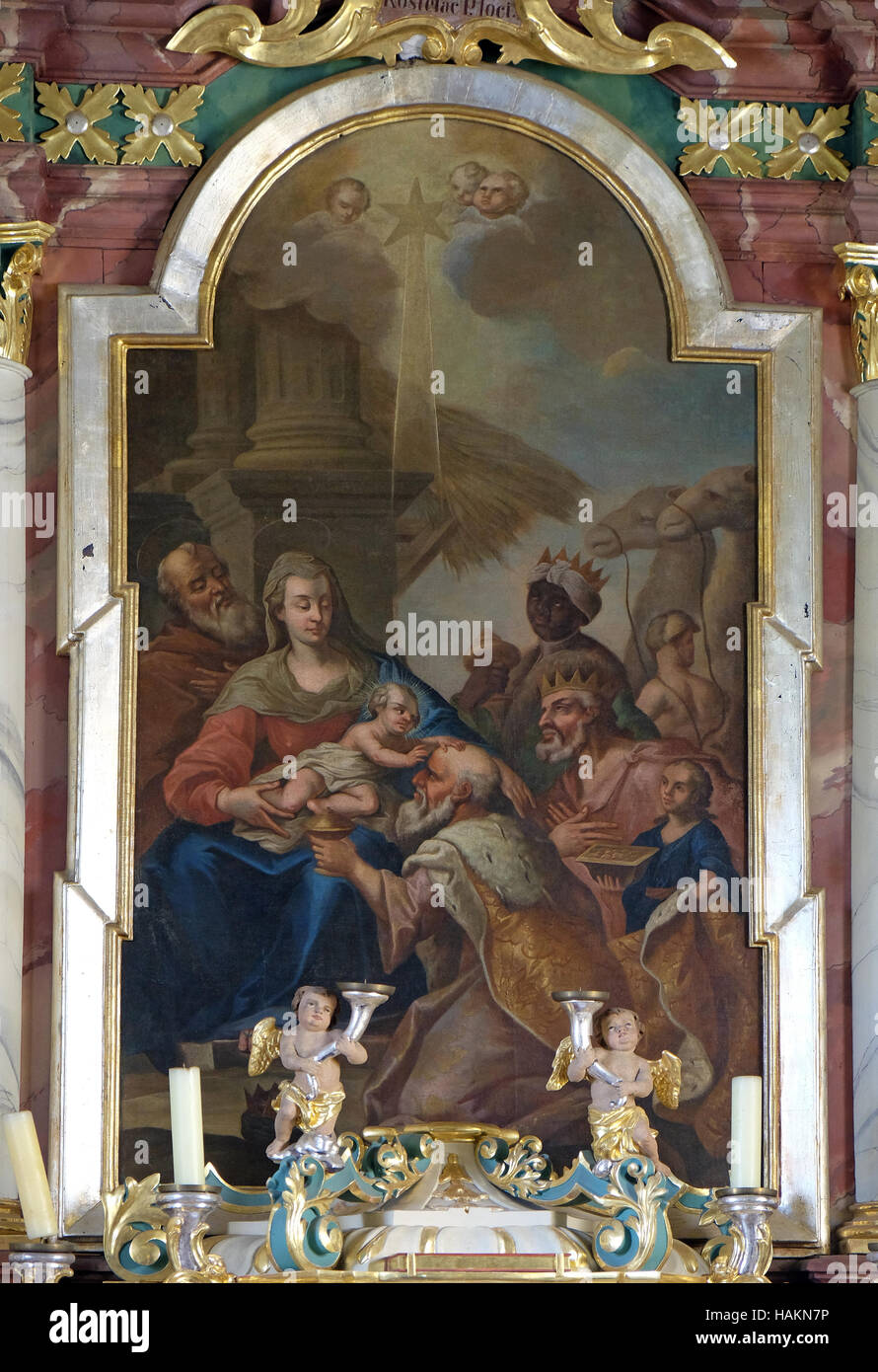 Nativity Scene, Adoration of the Magi altarpiece in parish church of the Holy Trinity in Krasic, Croatia Stock Photo
