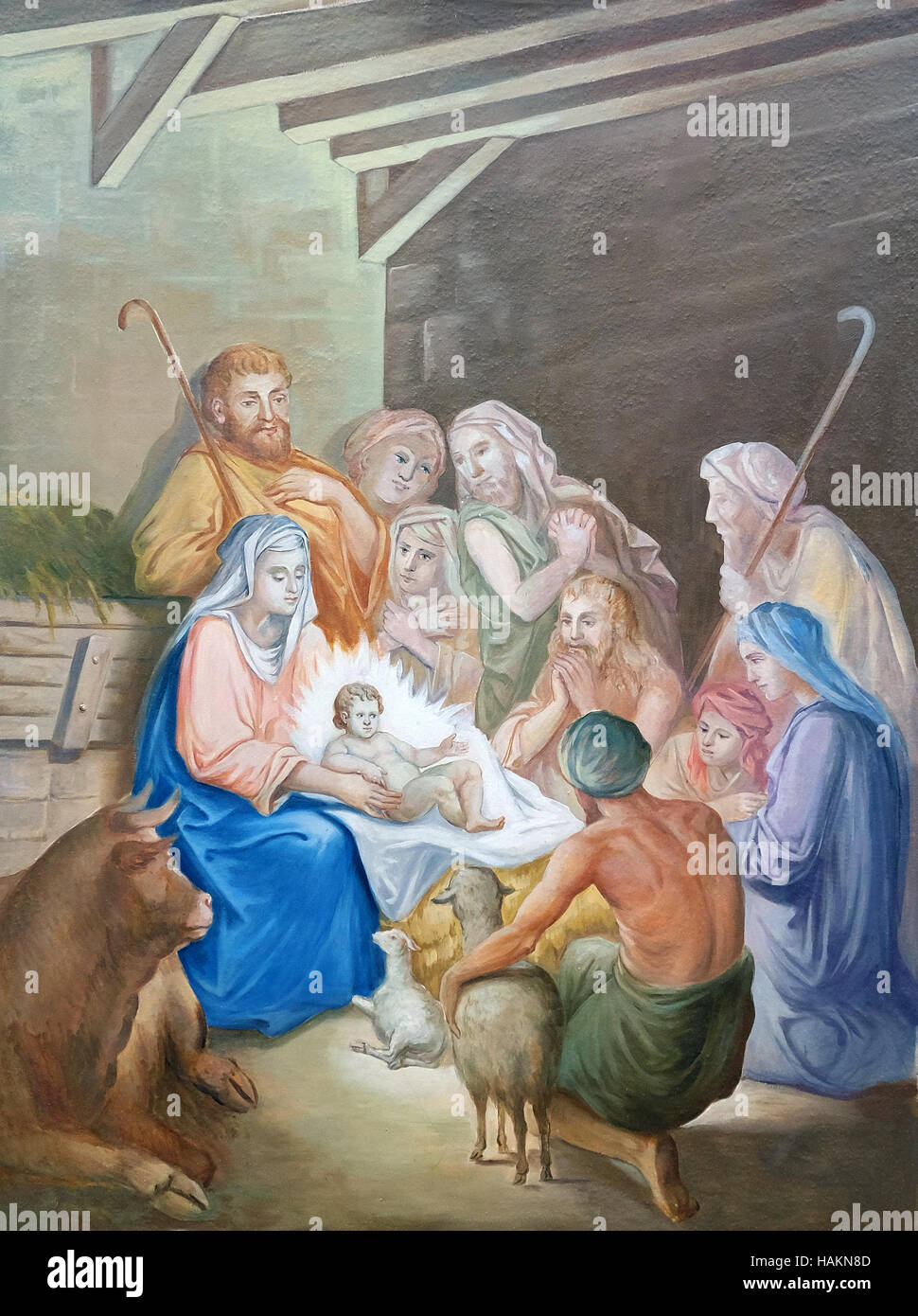 Nativity Scene, Adoration of the Shepherds fresco in parish church of the Holy Trinity in Krasic, Croatia Stock Photo