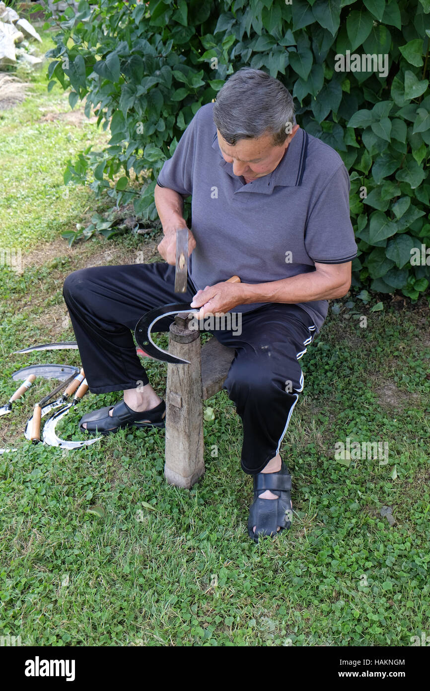 Farmer with hammer and iron tool on the tree stump is sharpening his
