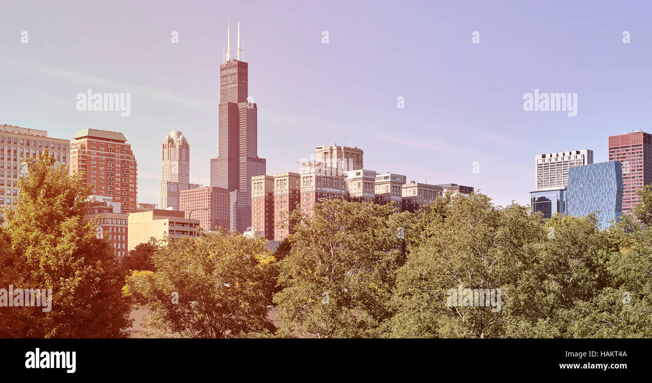 Retro old film stylized photo of Chicago city downtown skyline, USA. Stock Photo