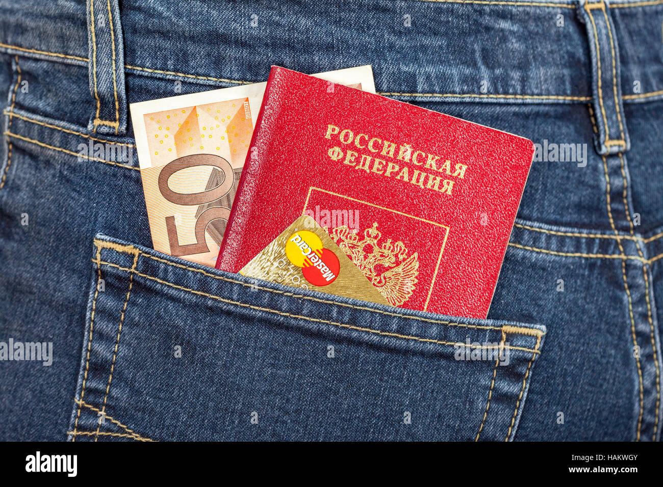 Russian passport, banknote 50 euro and credit card MasterCard in back jeans  pocket. Travel concept Stock Photo - Alamy