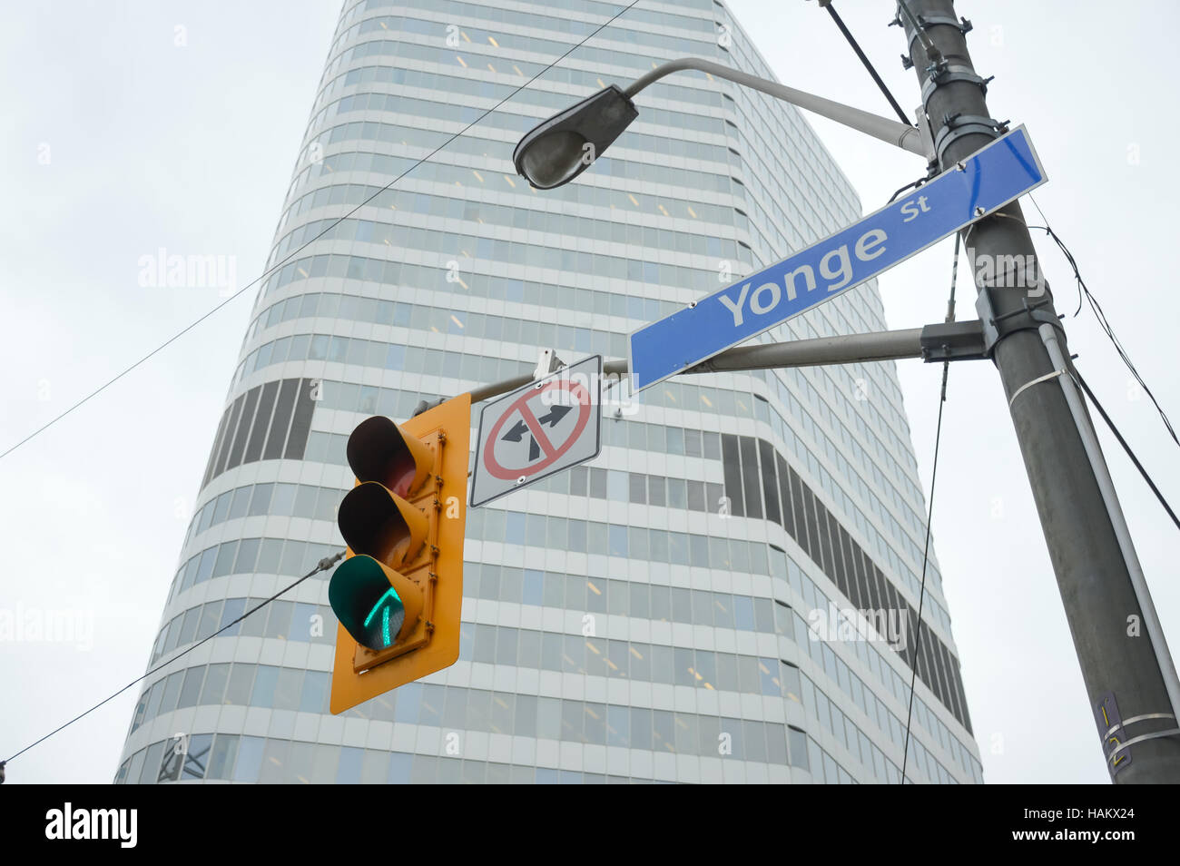 Yonge Street Sign and Traffic light Toronto downtown. Green light Stock