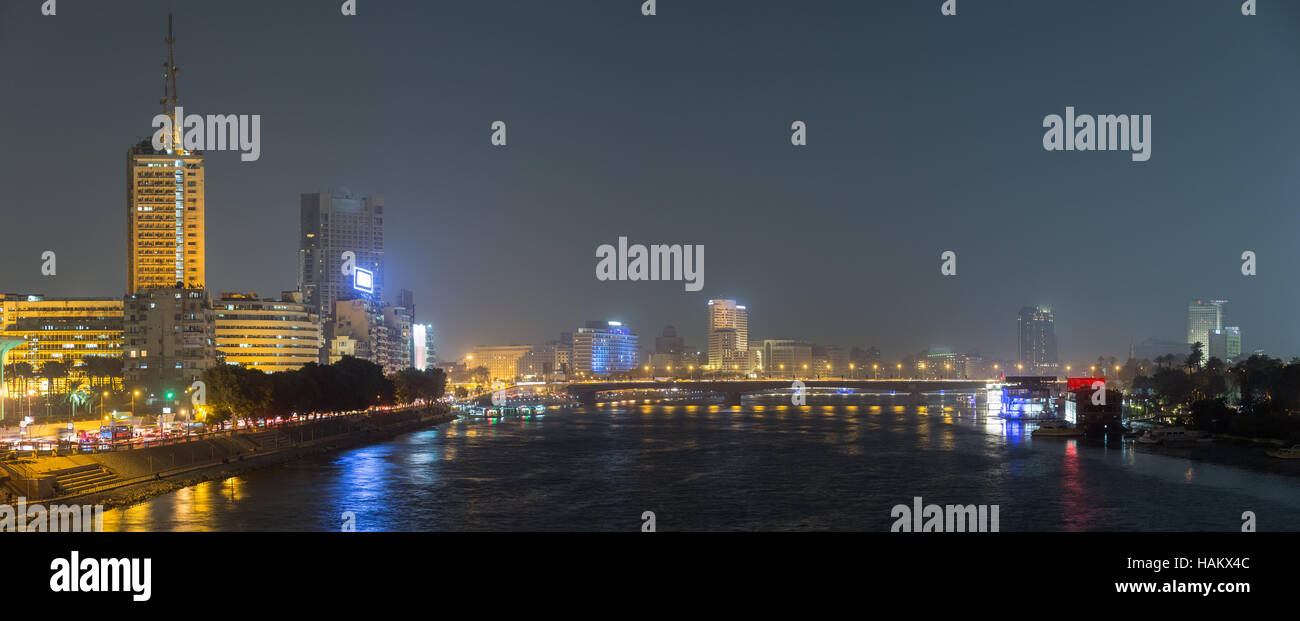 Panoramic night view of Cairo center, the Nile river and the island of ...