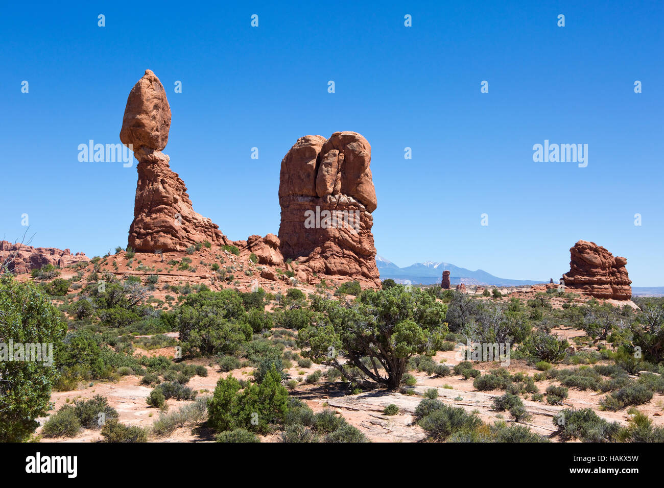 Balanced Rock is a sandstone rock formation located in Arches National Park, Utah, USA. Stock Photo