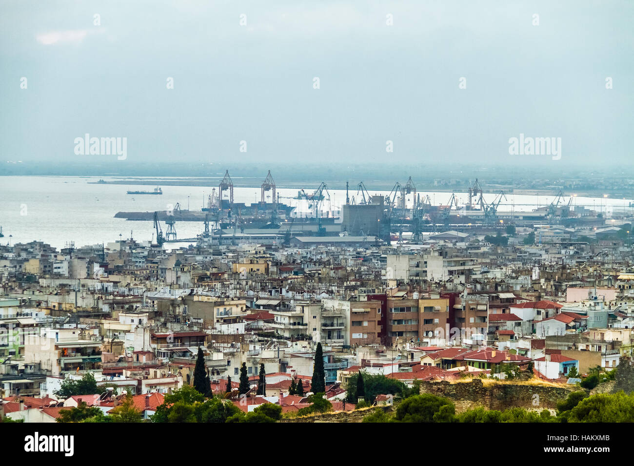 Aerial View of Thessaloniki populated area at center of city, from castles to the port and sea Stock Photo