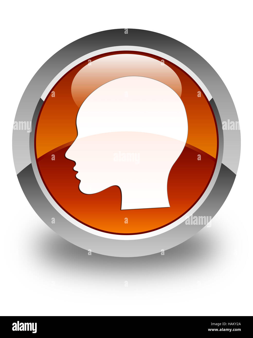 Head woman face icon isolated on glossy brown round button abstract illustration Stock Photo