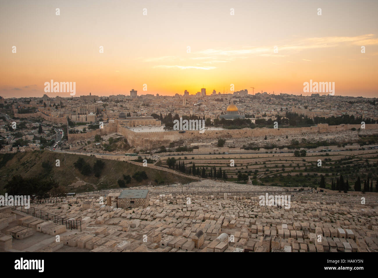 A view of the old city of Jerusalem at sunset from the Mount of Olives ...