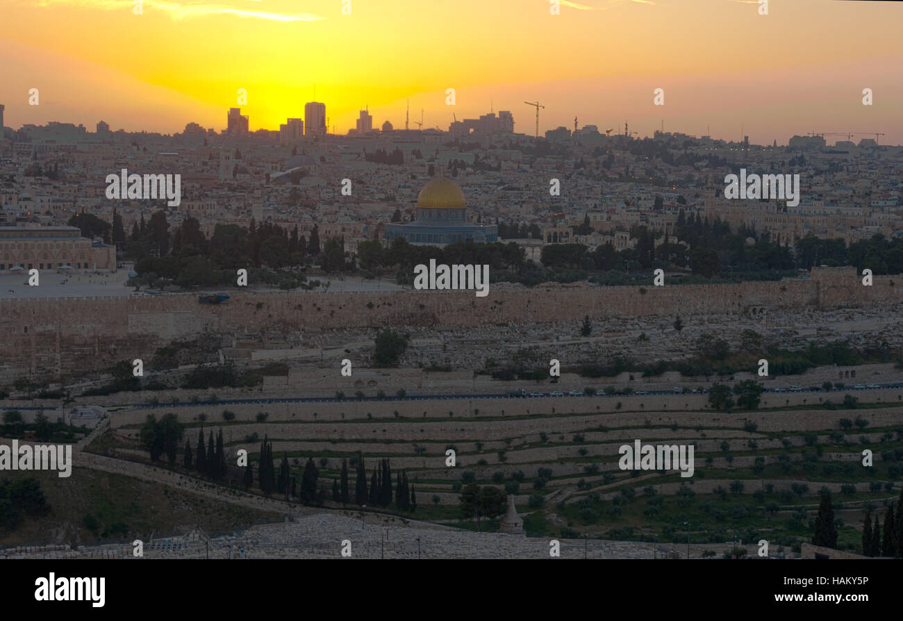 A view of the old city of Jerusalem at sunset from the Mount of Olives ...