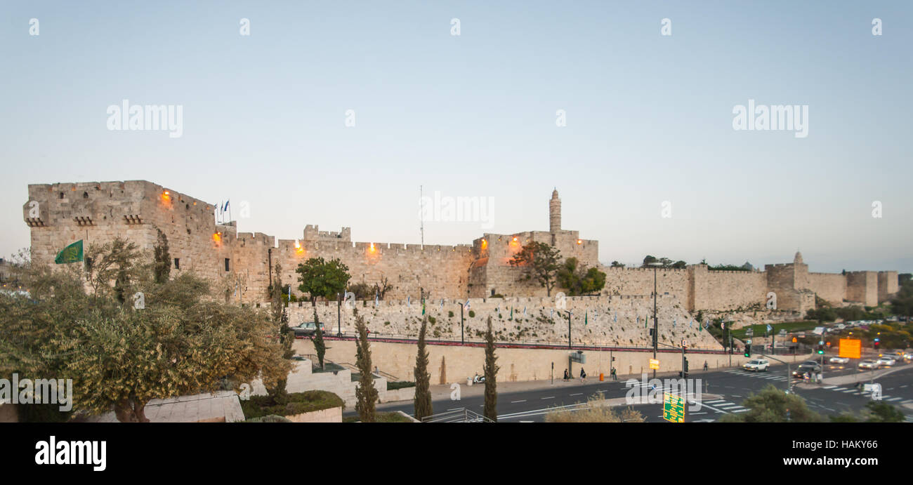 The walls of the old city of Jerusalem: South of Jaffa gate, the Tower of David. Jerusalem, Israel Stock Photo