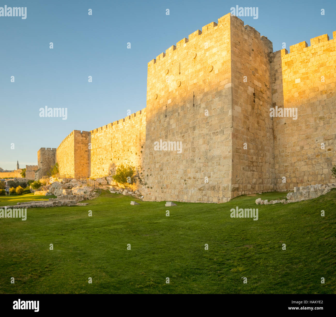 Sunset view of the walls of the old city (south - west section), with the tower of David, in Jerusalem, Israel Stock Photo