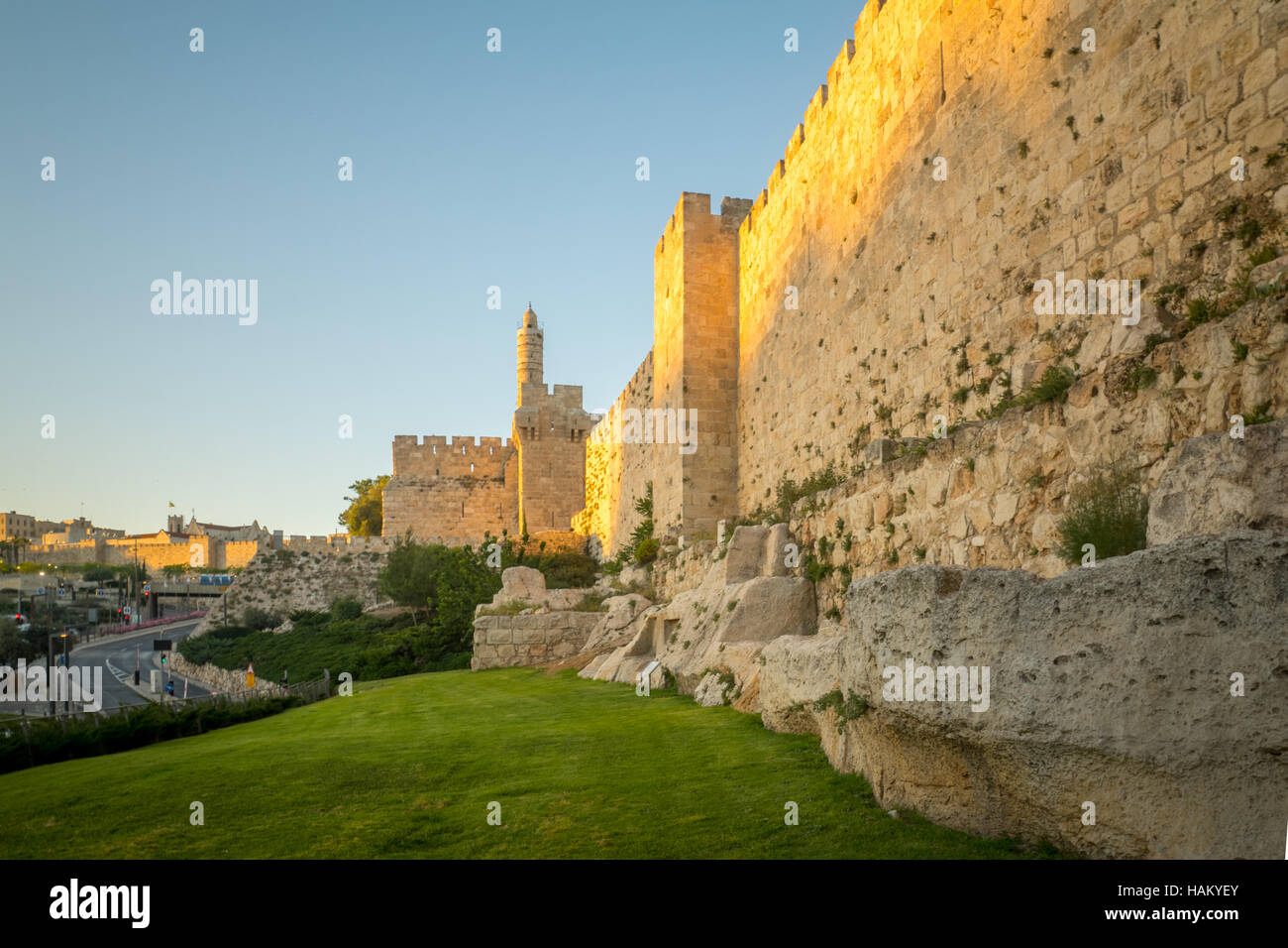 Sunset view of the walls of the old city (south - west section), with the tower of David, in Jerusalem, Israel Stock Photo